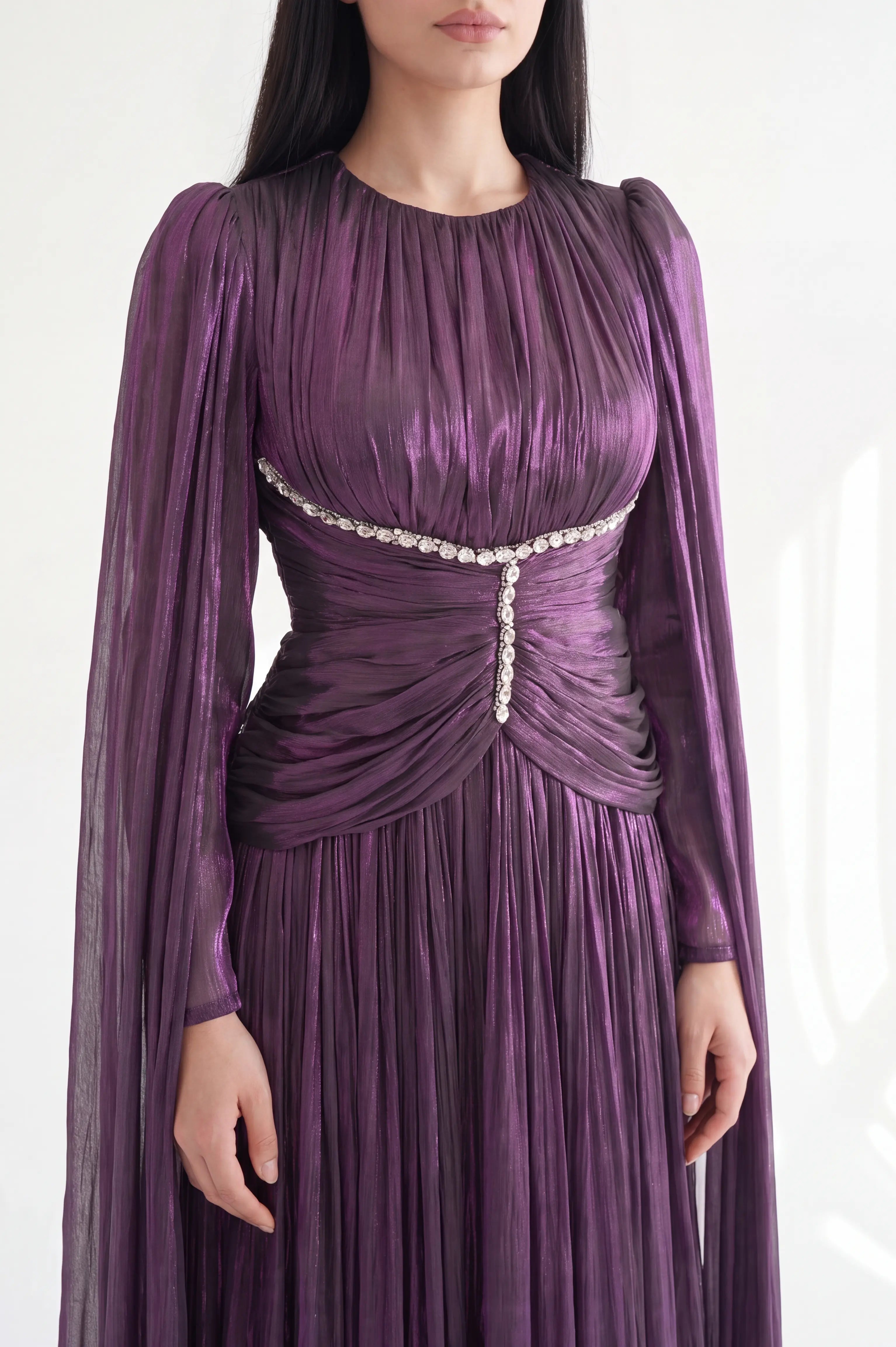 Gathered Waistline Crystal Details Organza Dress