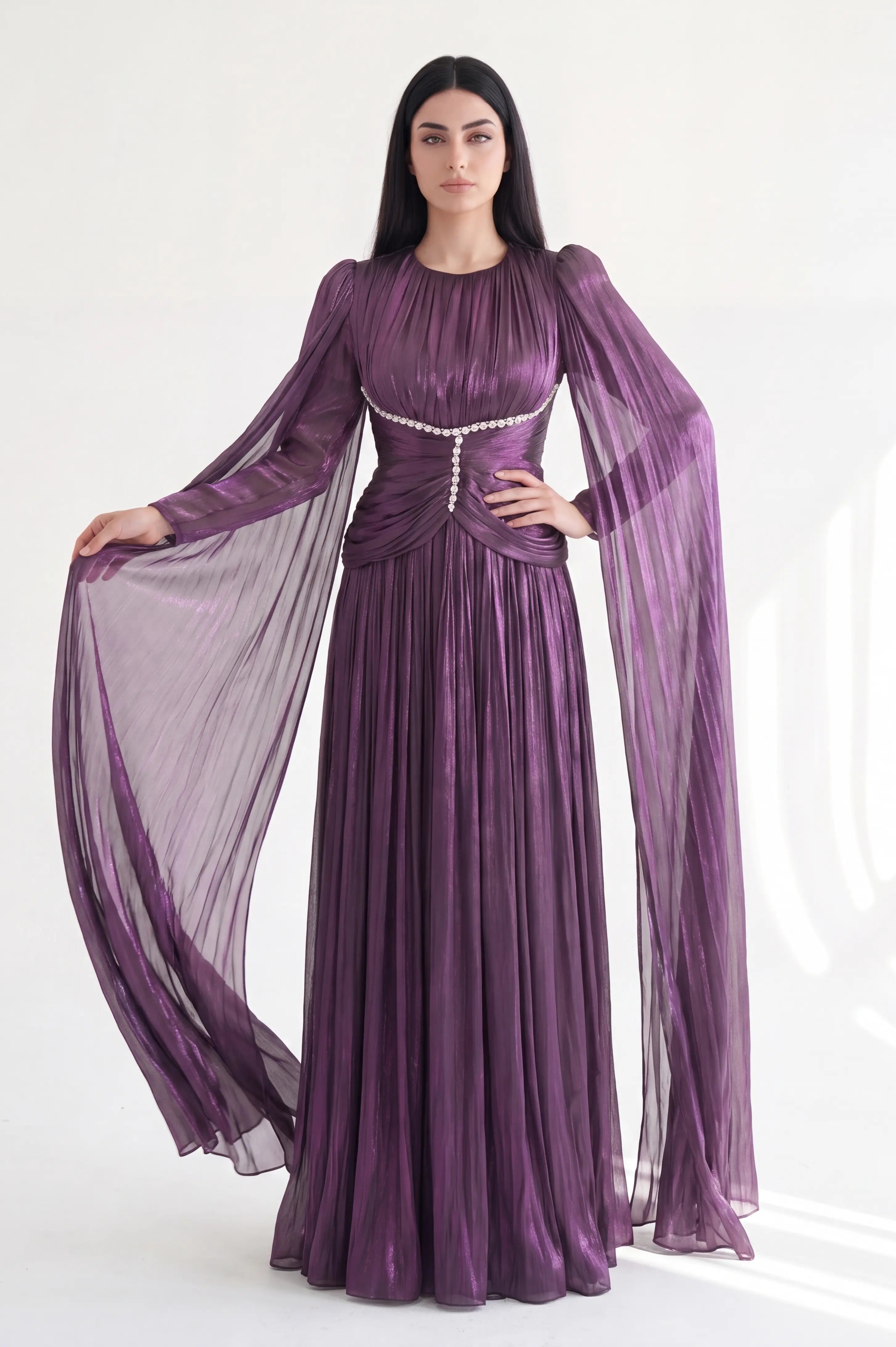 Gathered Waistline Crystal Details Organza Dress