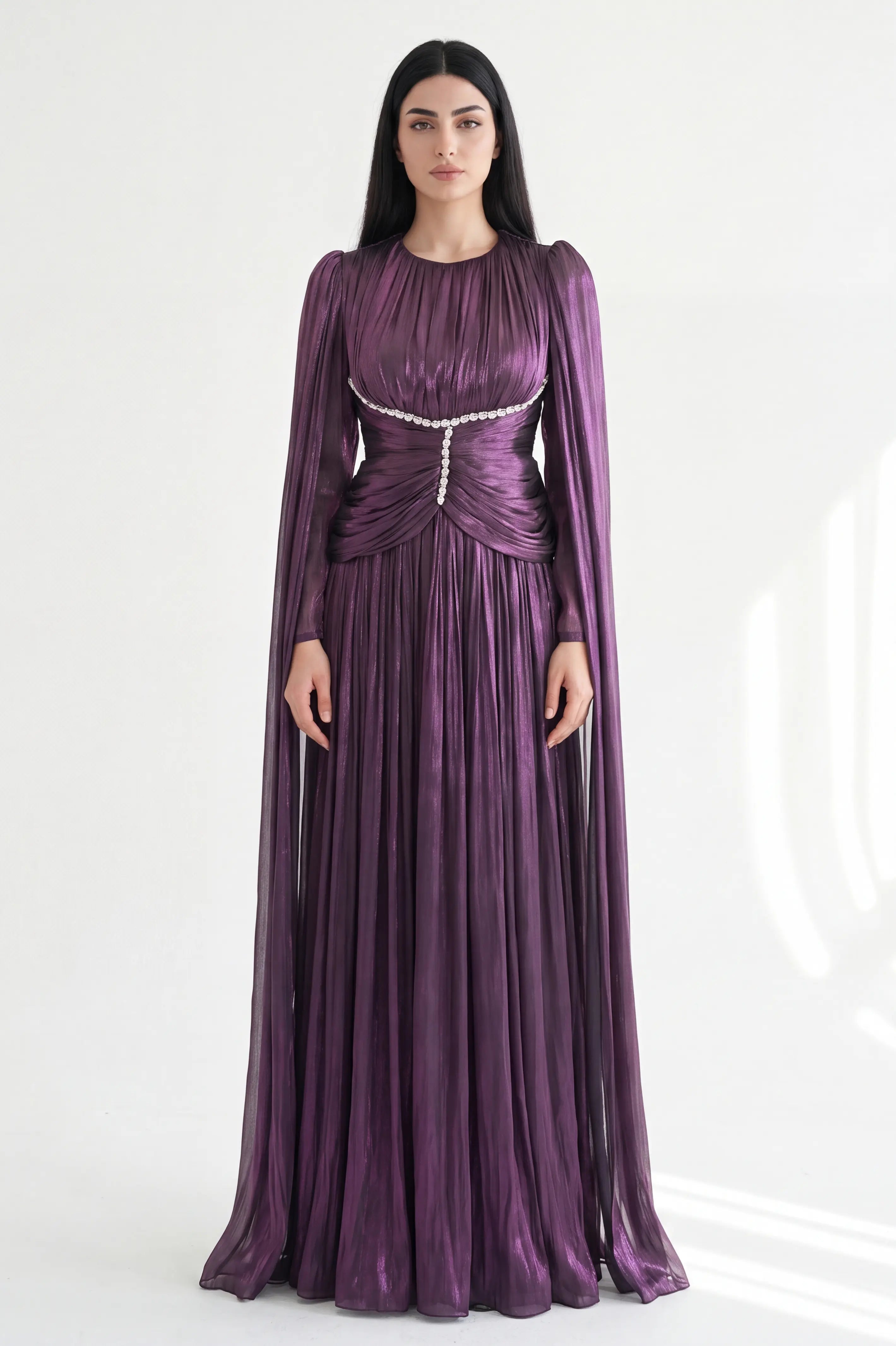 Gathered Waistline Crystal Details Organza Dress