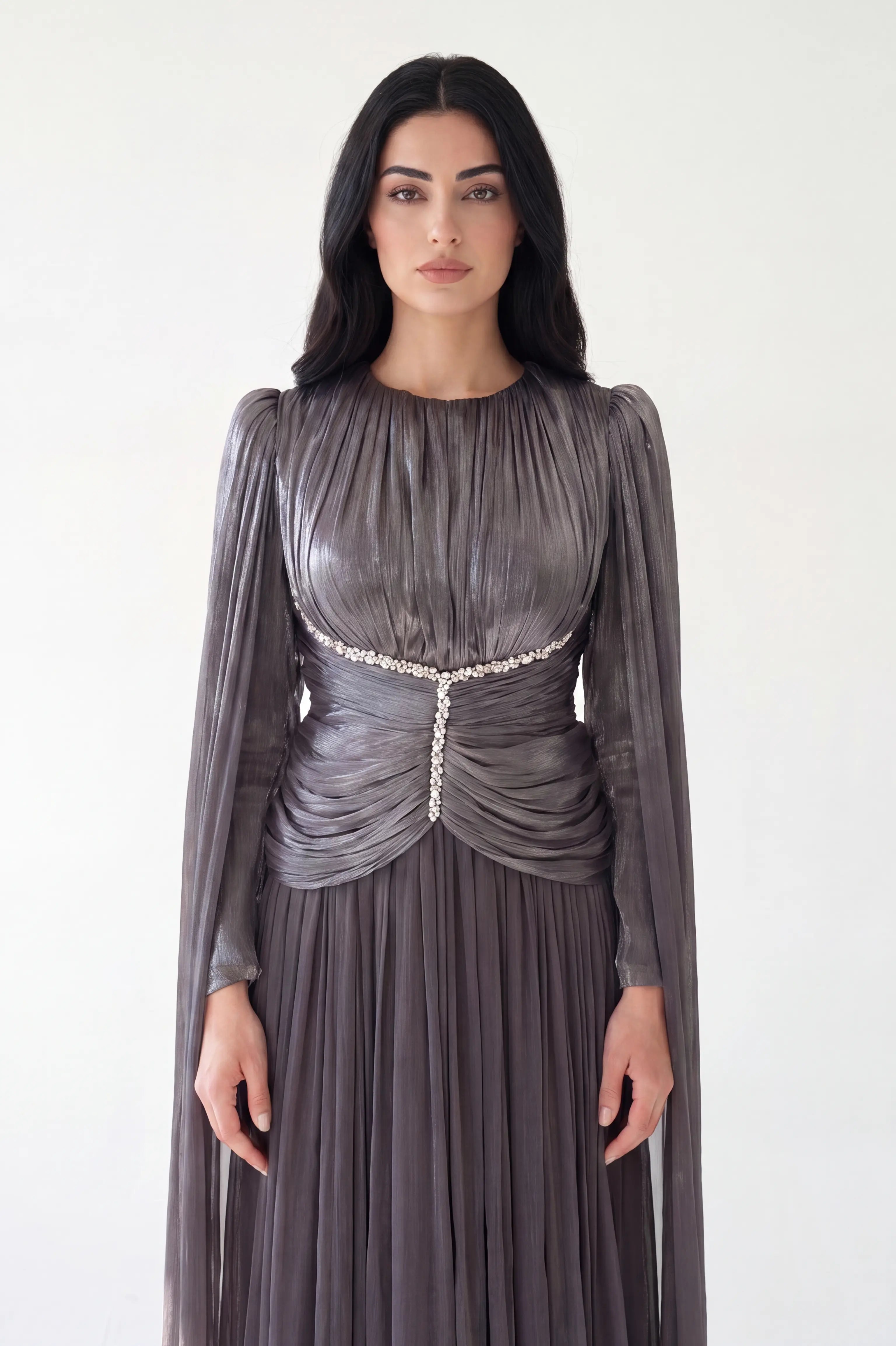 Gathered Waistline Crystal Details Organza Dress