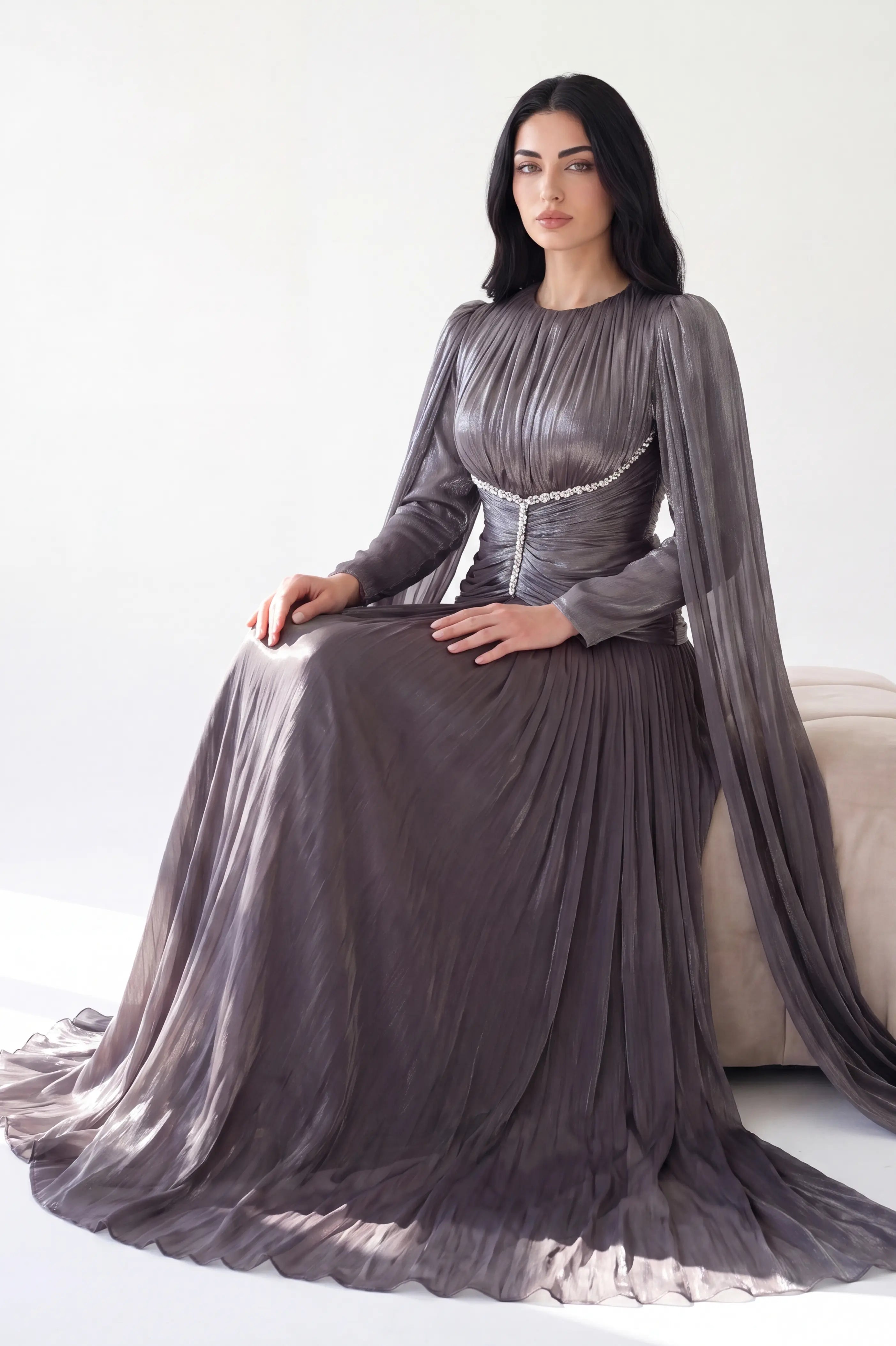 Gathered Waistline Crystal Details Organza Dress