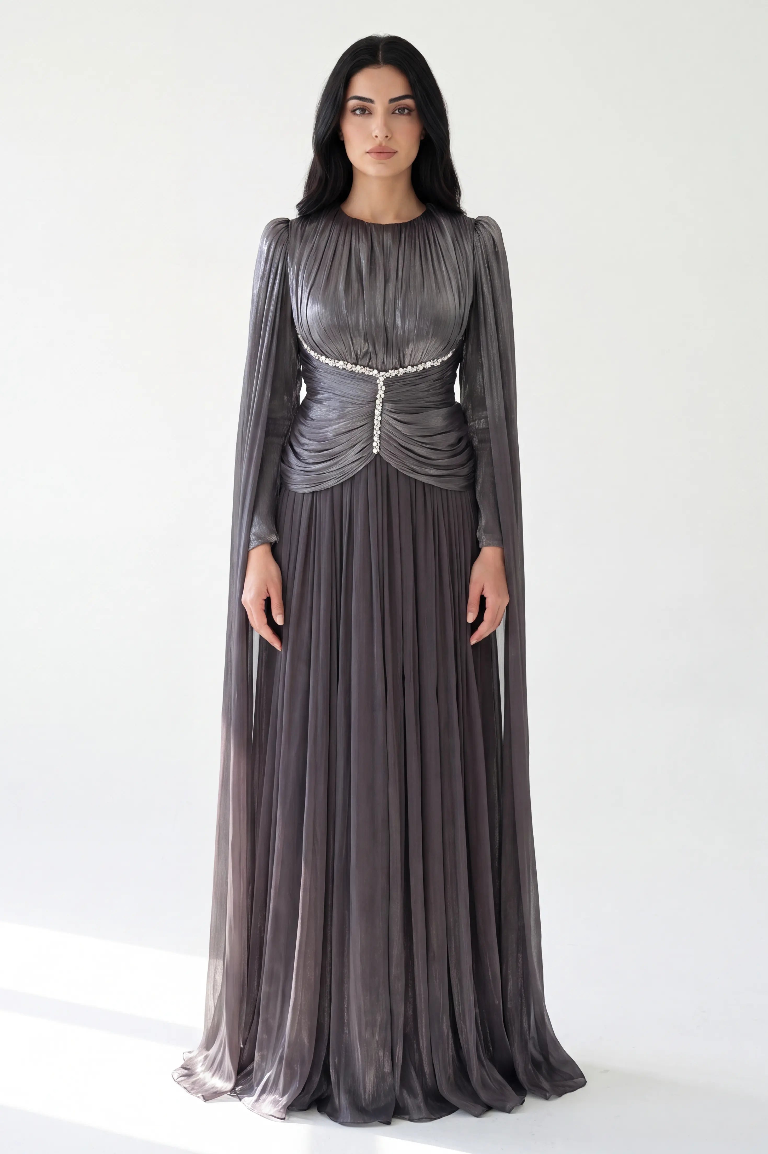 Gathered Waistline Crystal Details Organza Dress