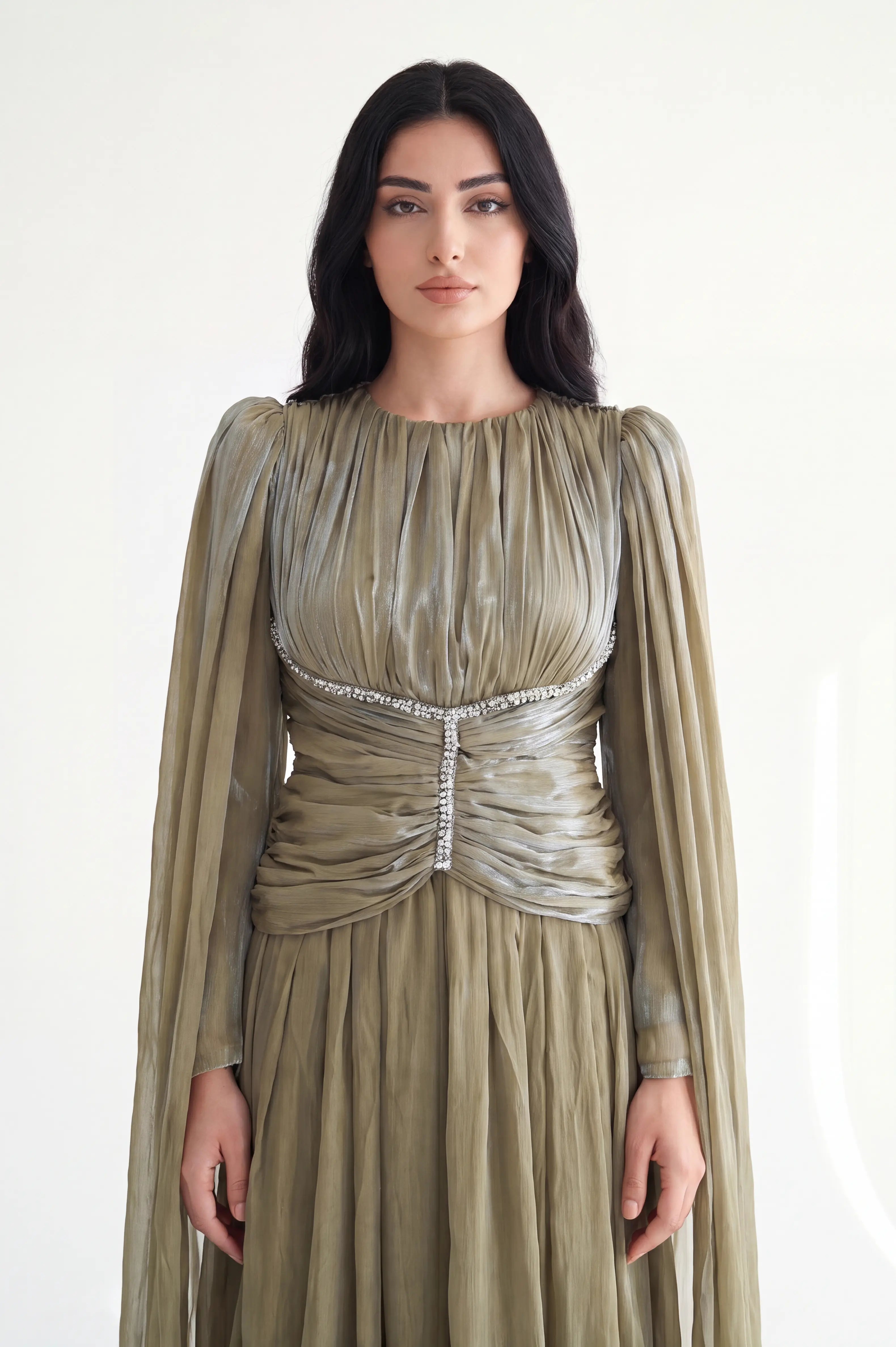 Gathered Waistline Crystal Details Organza Dress