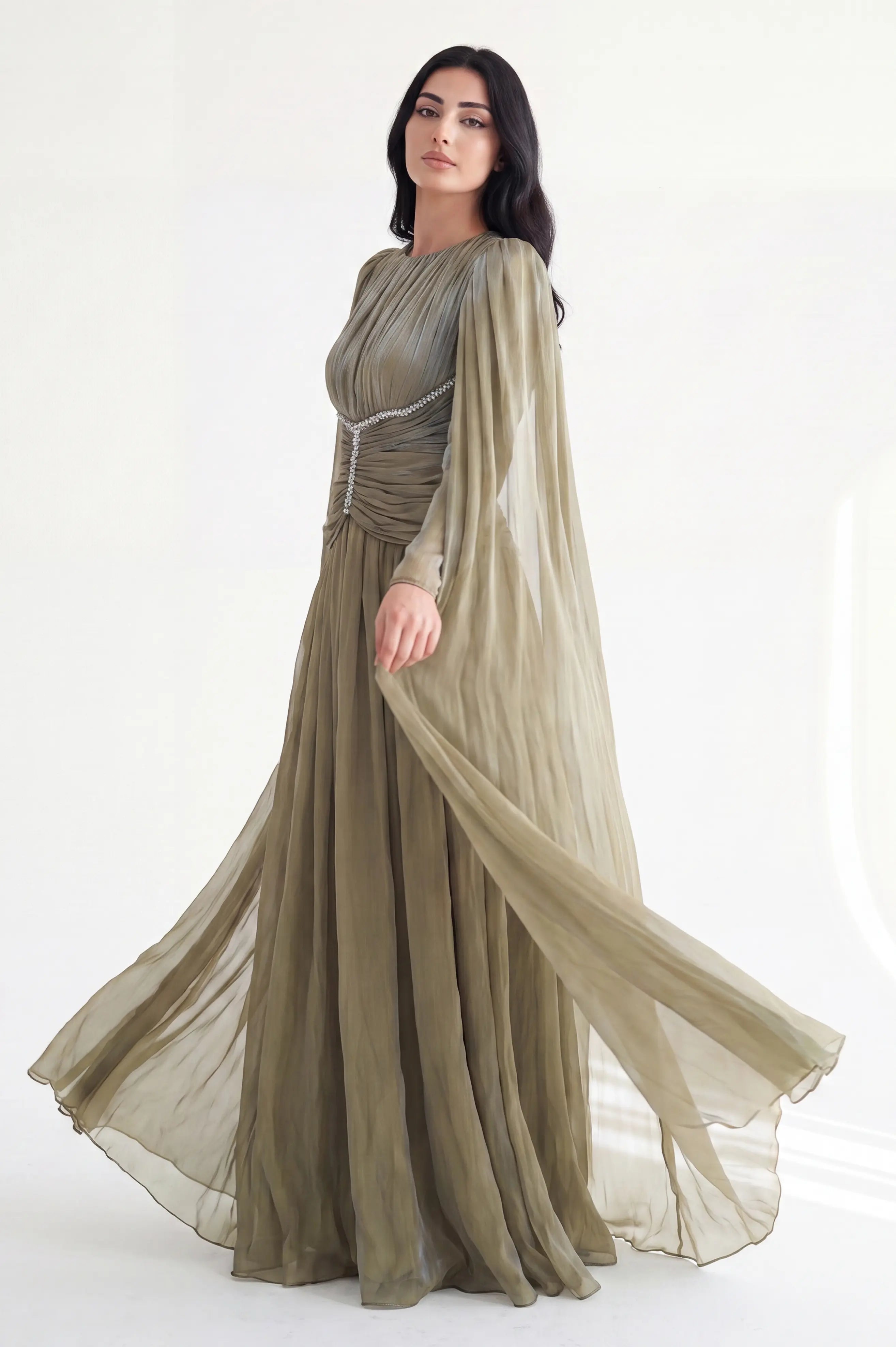 Gathered Waistline Crystal Details Organza Dress