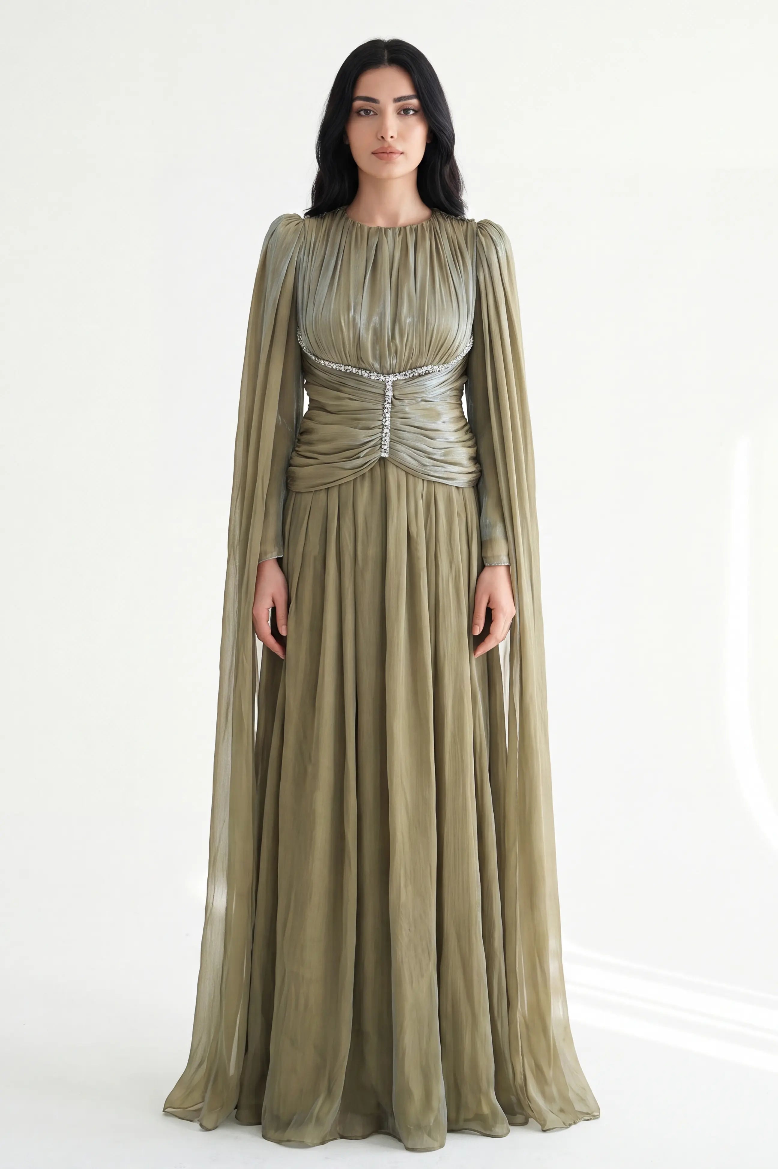 Gathered Waistline Crystal Details Organza Dress