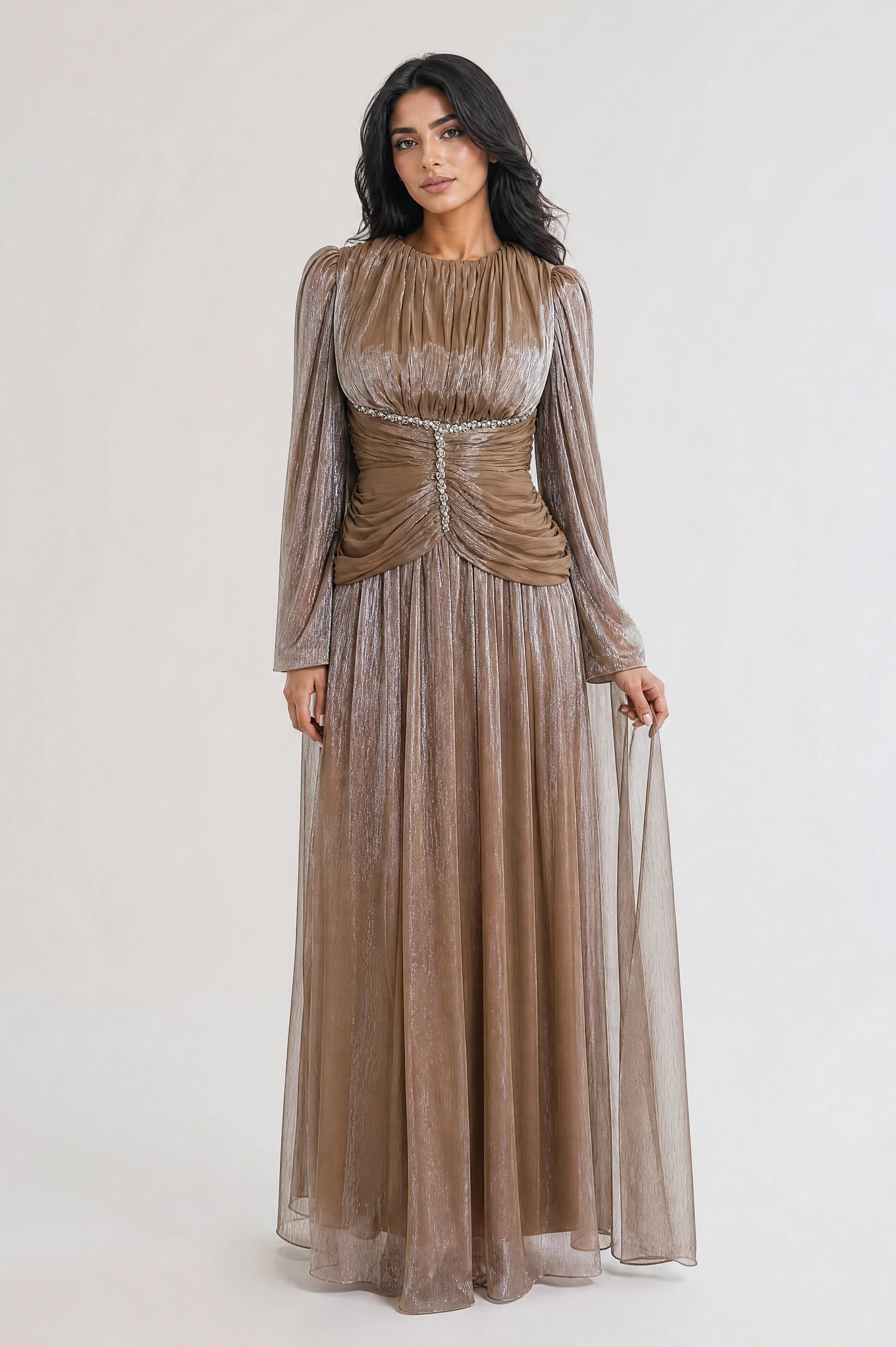 Gathered Waistline Crystal Details Organza Dress