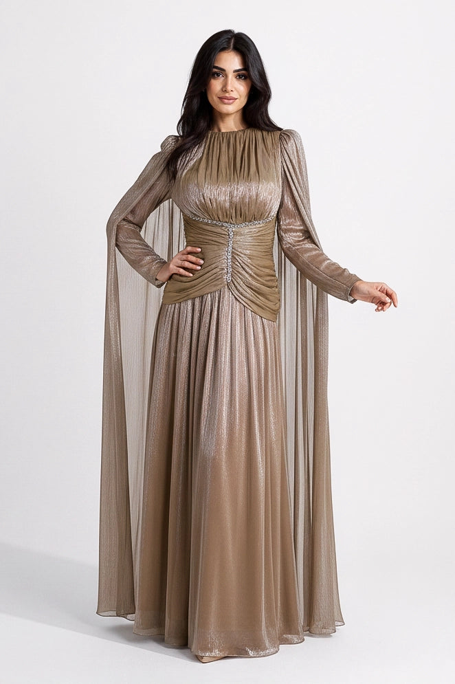 Gathered Waistline Crystal Details Organza Dress
