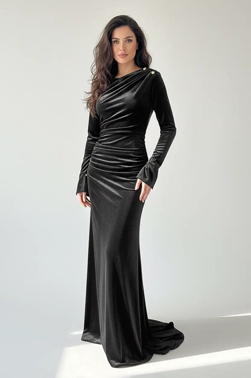 Gold Toned Buttons Velvet Dress