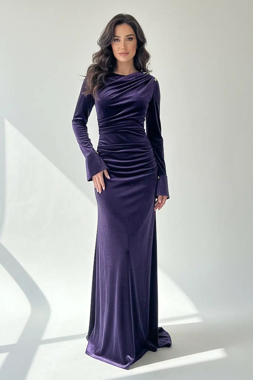 Gold Toned Buttons Velvet Dress