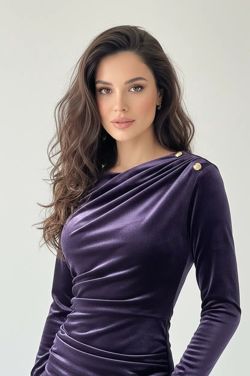 Gold Toned Buttons Velvet Dress