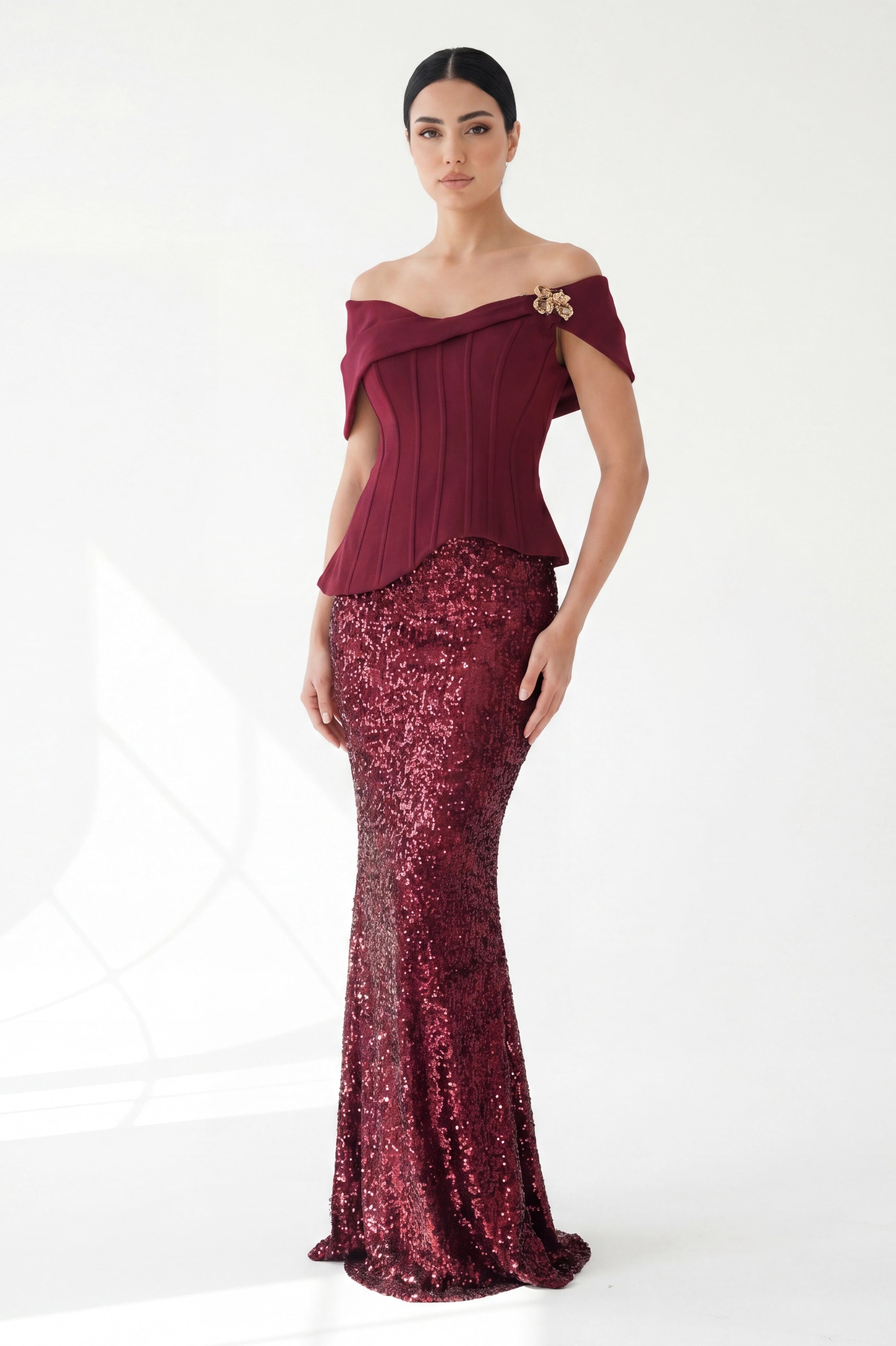 Golden Details Corset Shoulder Sequin Dress