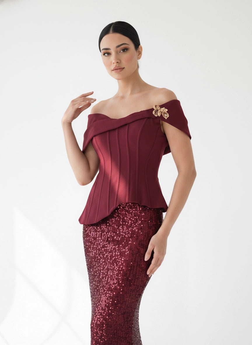 Golden Details Corset Shoulder Sequin Dress