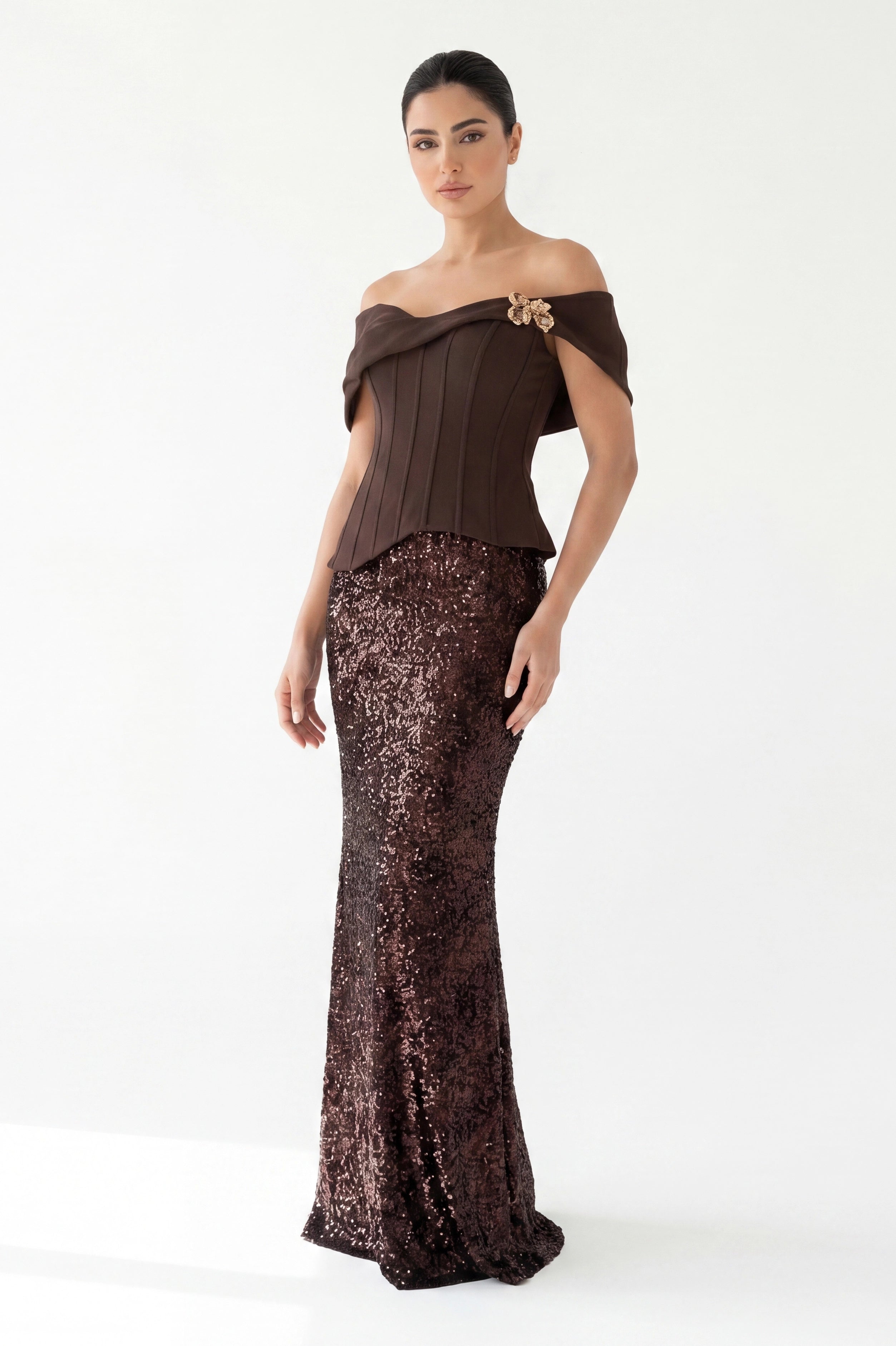 Golden Details Corset Shoulder Sequin Dress