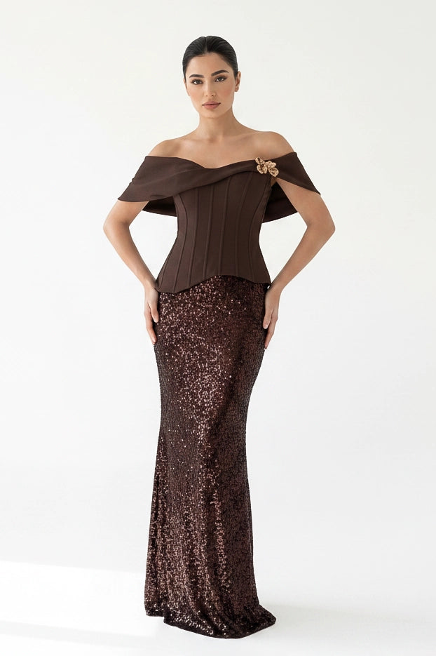 Golden Details Corset Shoulder Sequin Dress