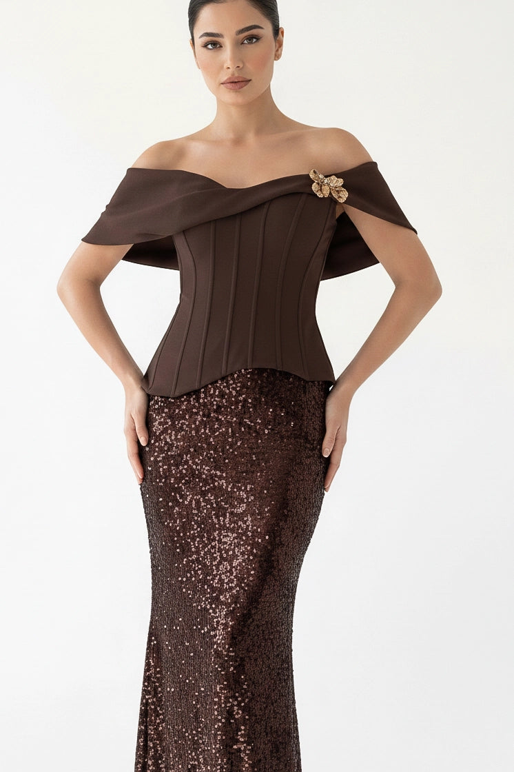 Golden Details Corset Shoulder Sequin Dress