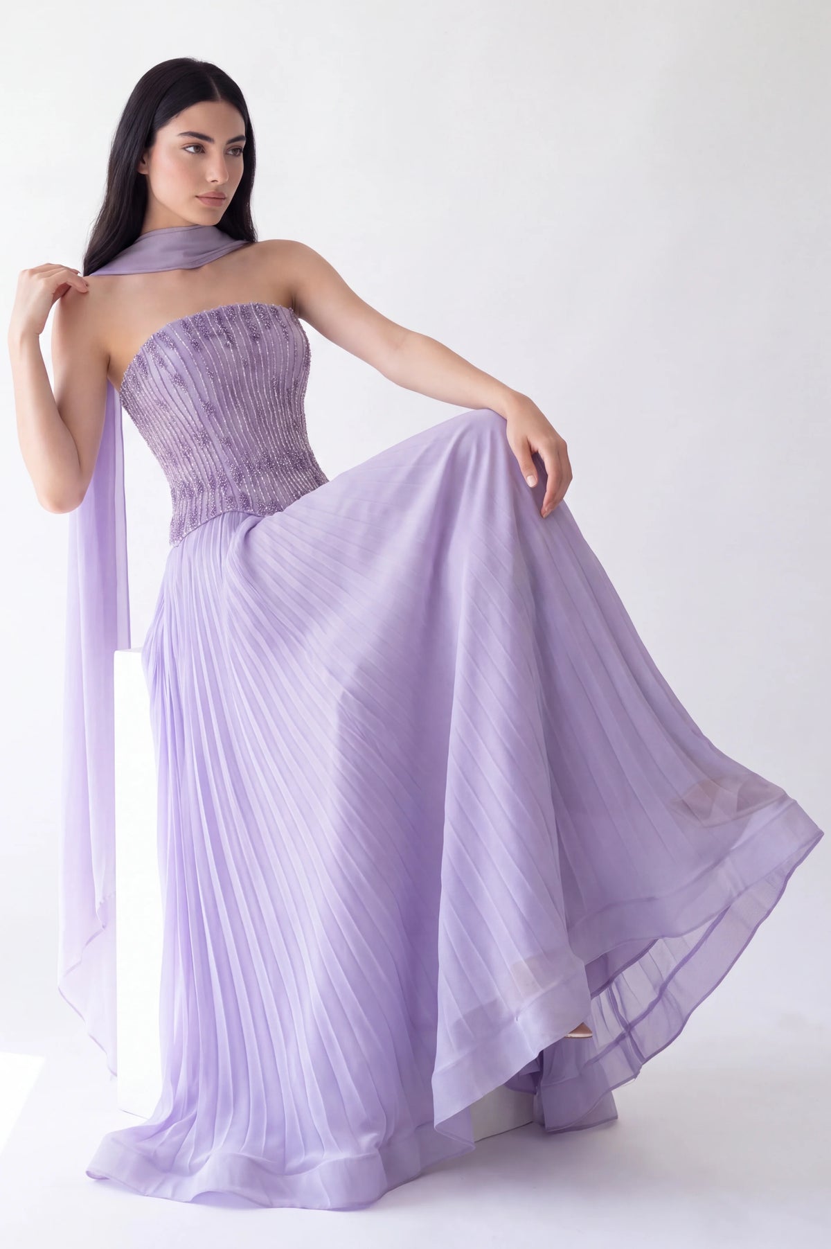 Beaded Bustline Corset Chiffon Dress