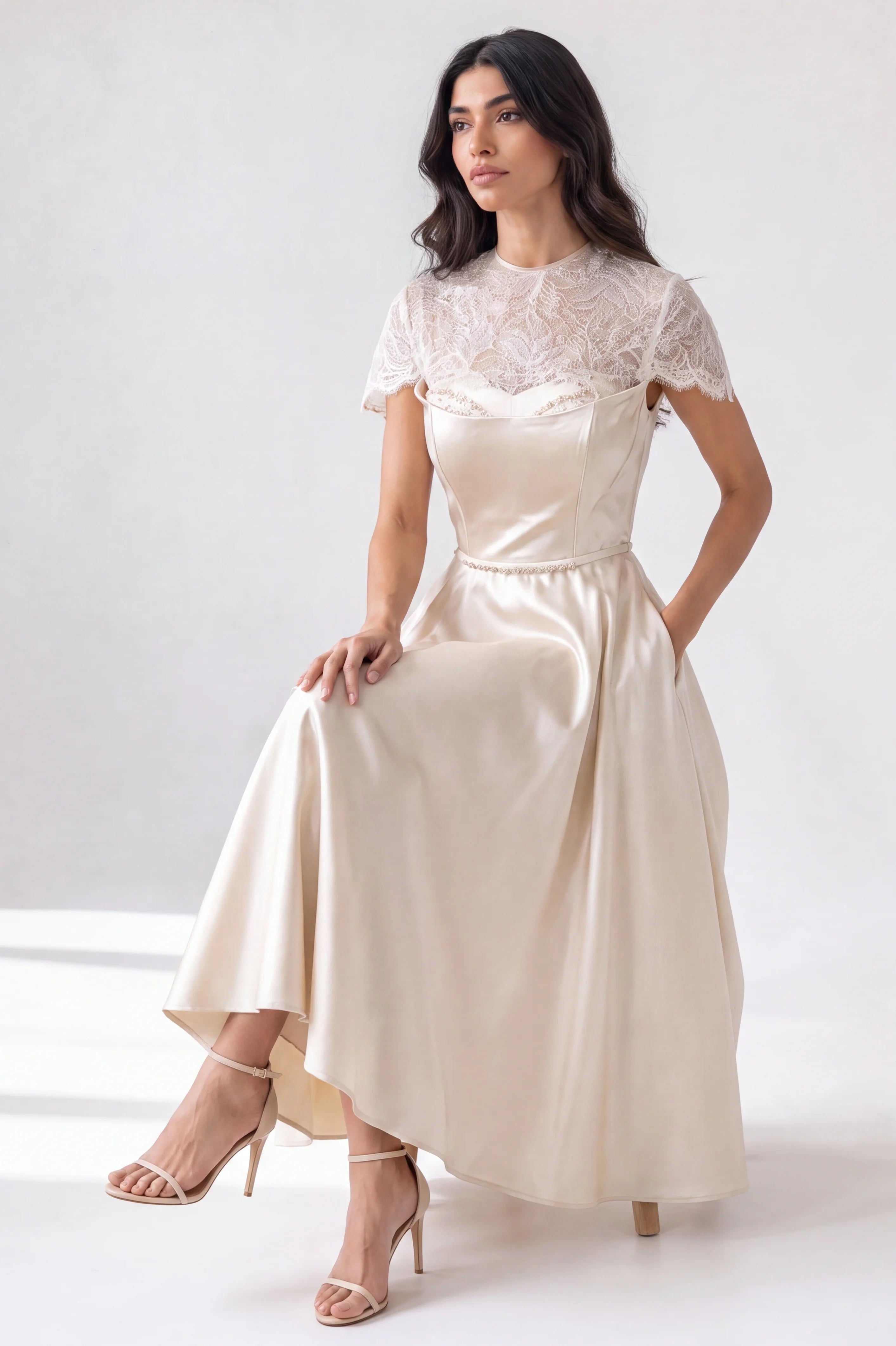 Beaded Sweetheart Lace Cape Sleeve Satin Dress