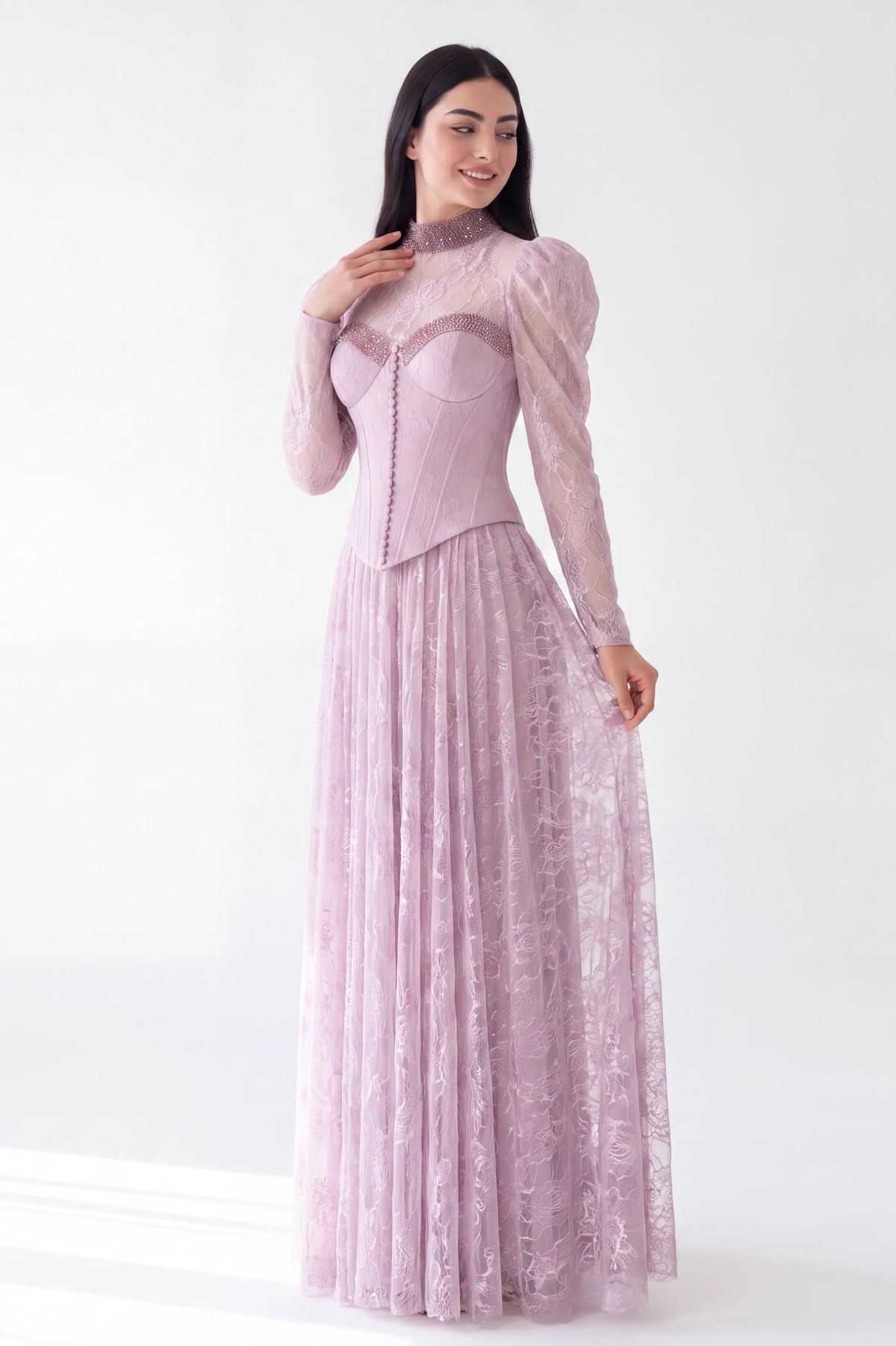 Beaded Bust Line Button Details Dantel Dress