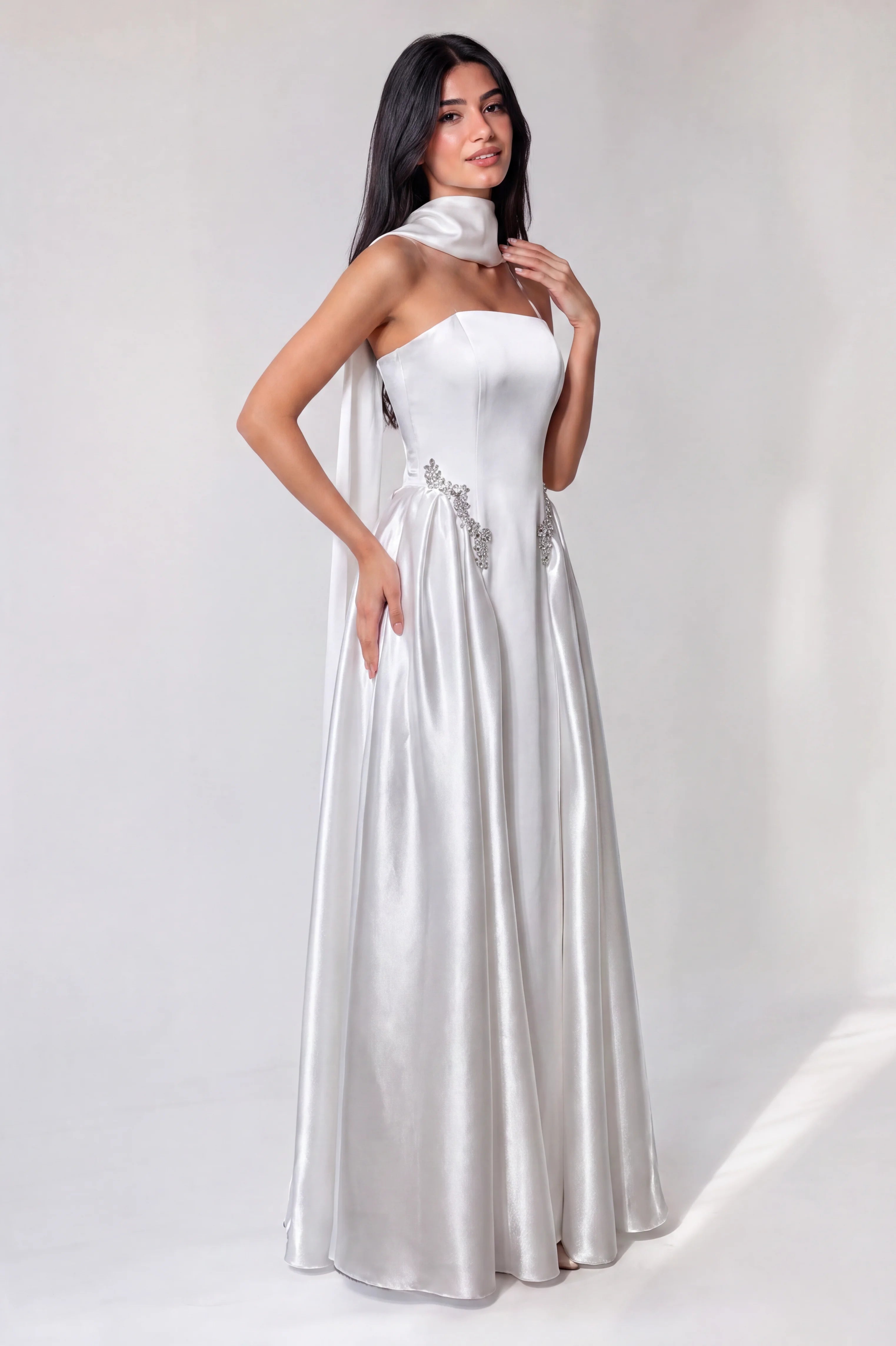 Strapless Crystal Waist Line Crepe Dress