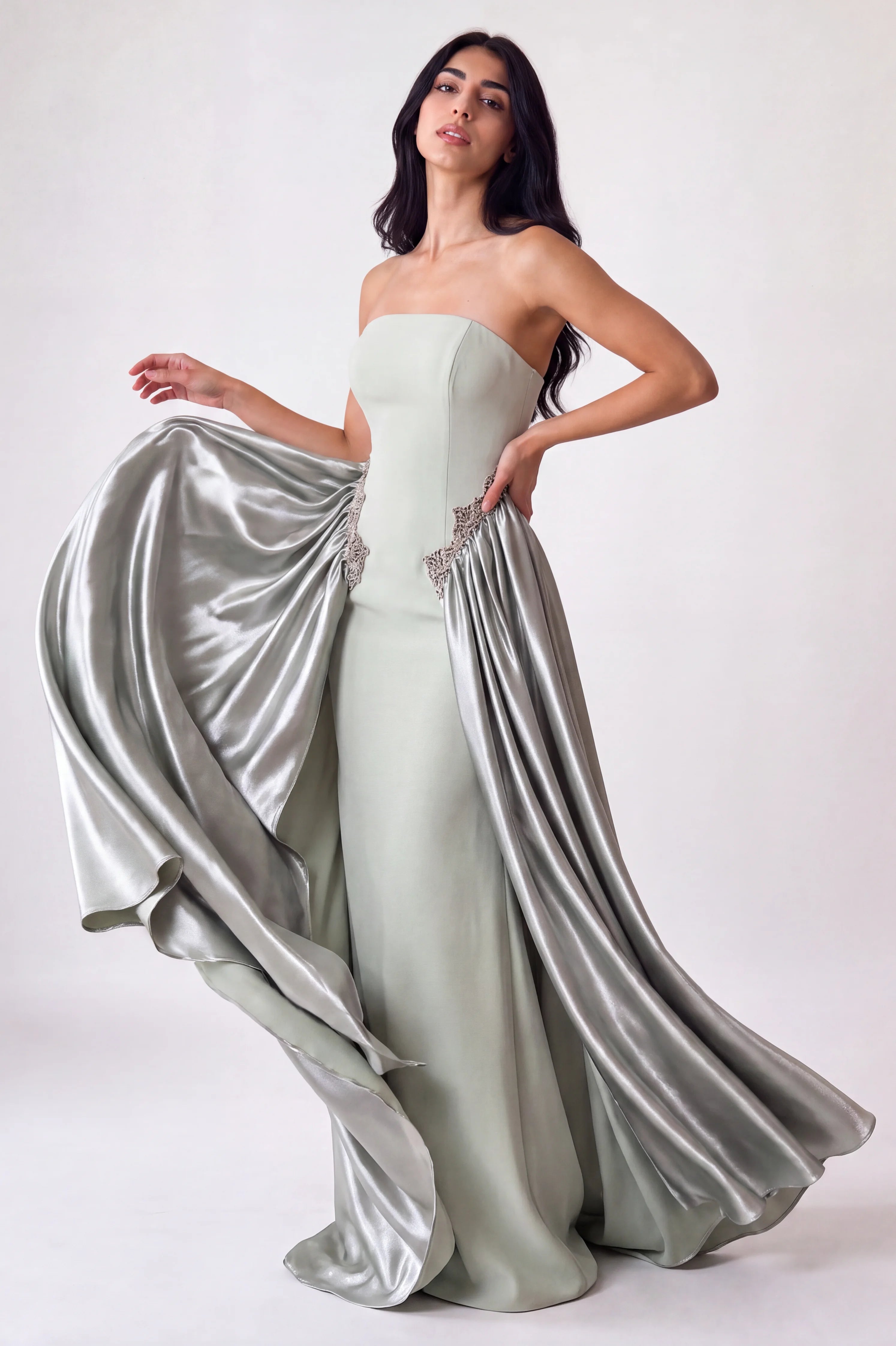 Strapless Crystal Waist Line Crepe Dress