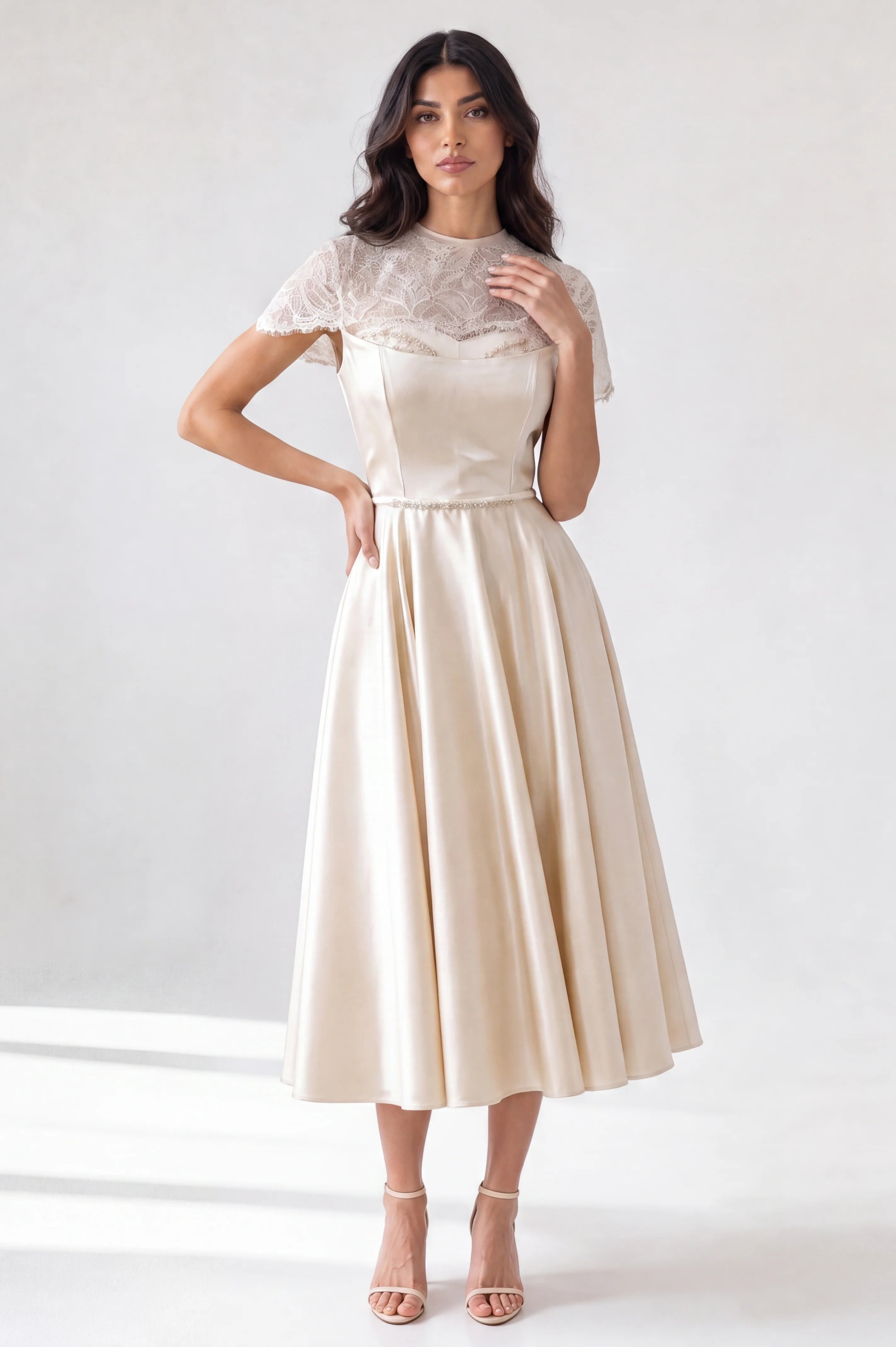 Beaded Sweetheart Lace Cape Sleeve Satin Dress