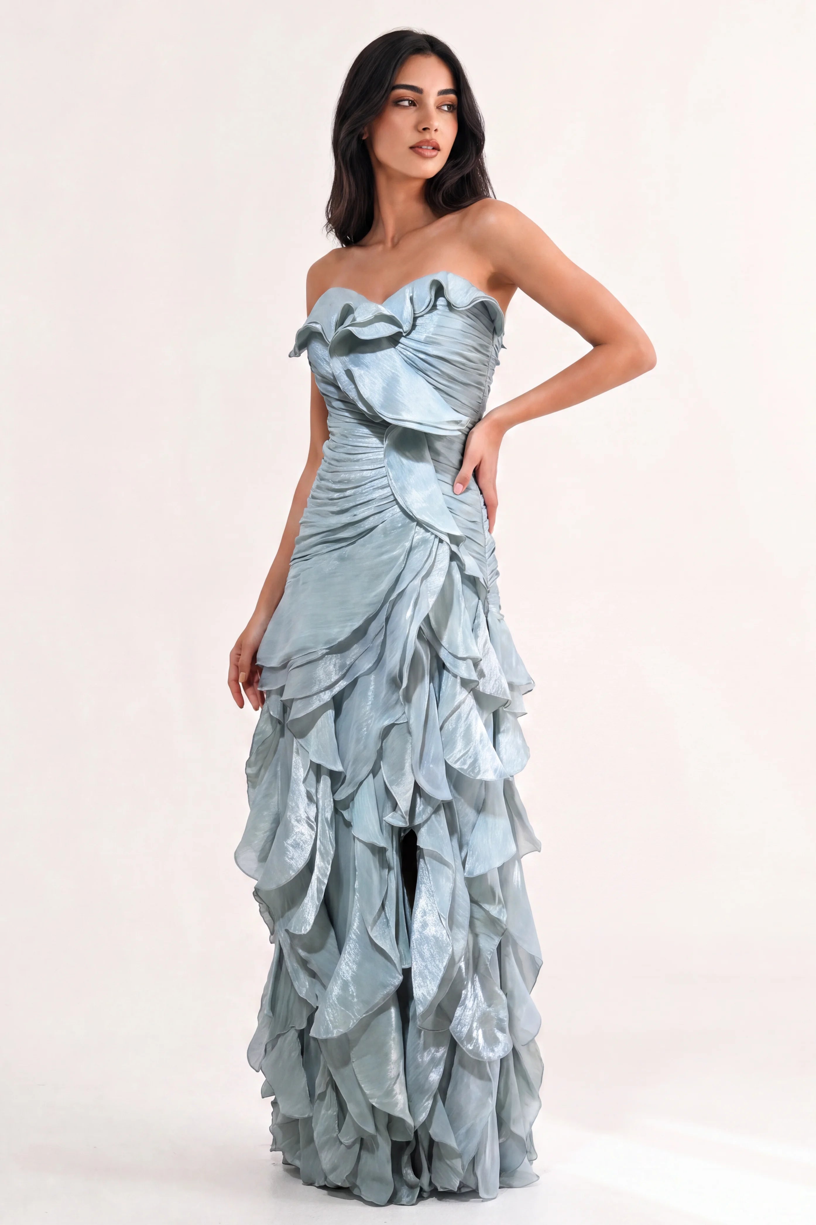 Strapless Ruched Along Organza Dress
