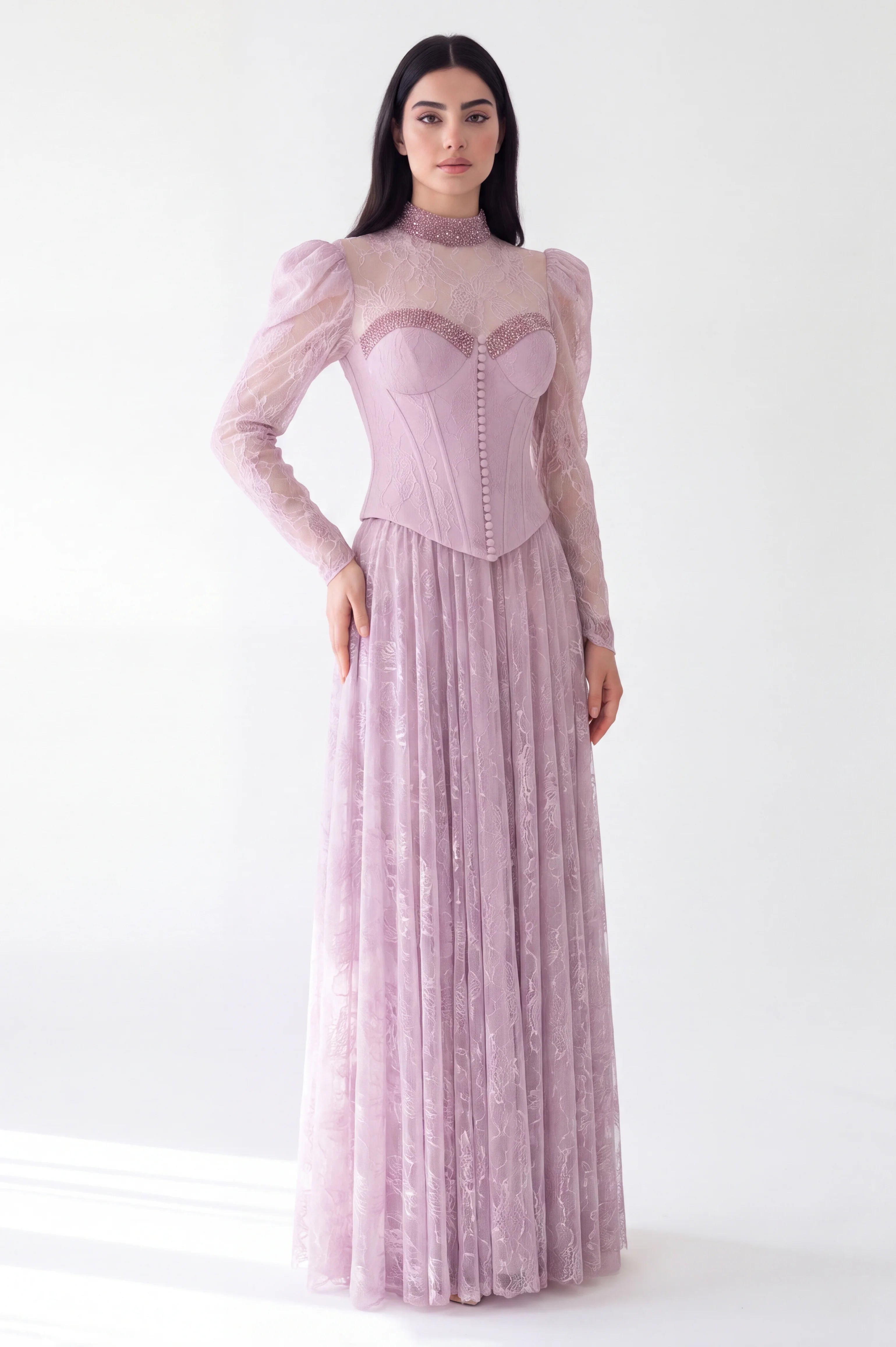 Beaded Bust Line Button Details Dantel Dress