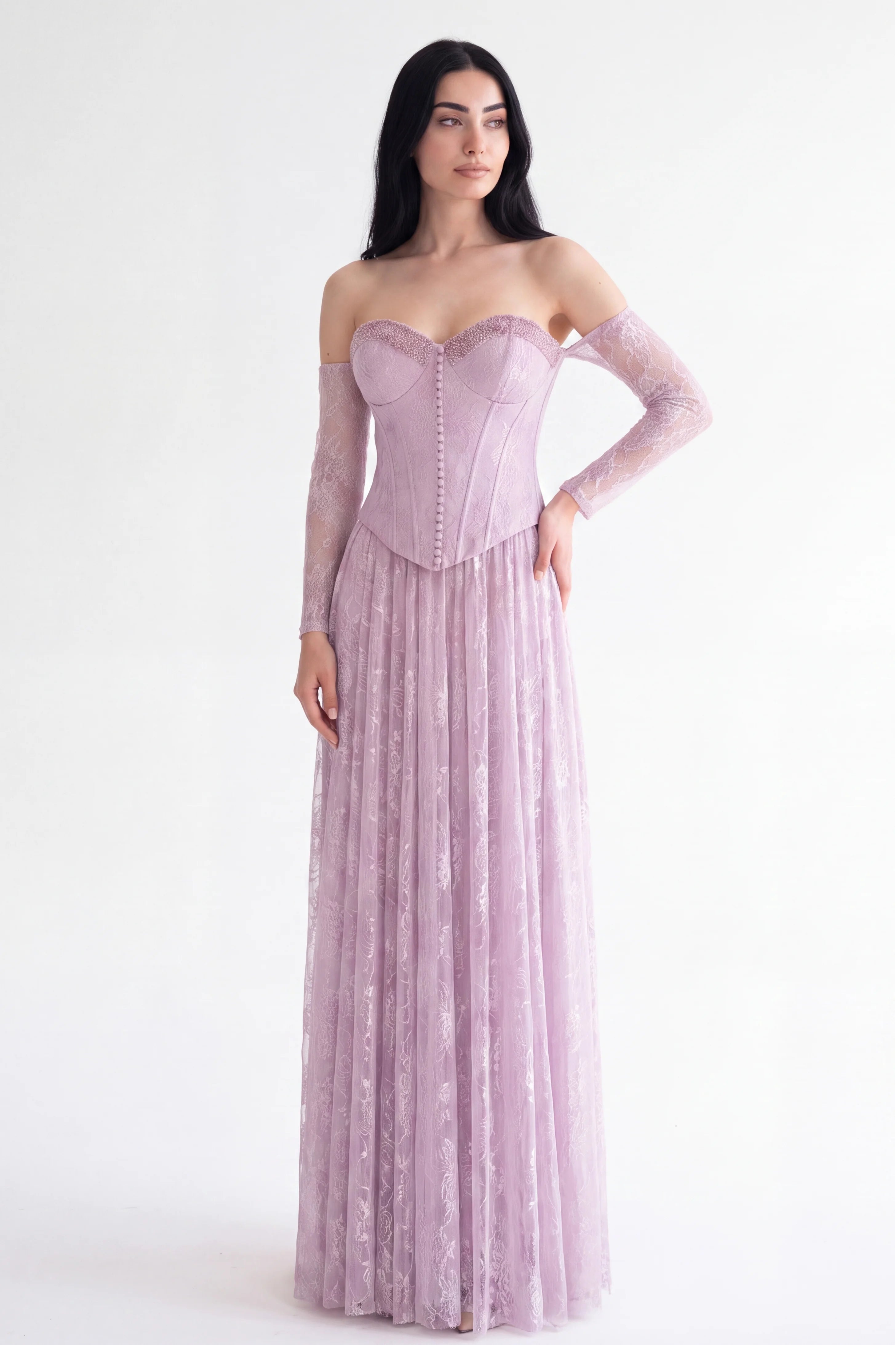 Beaded Bust Line Button Details Dantel Dress