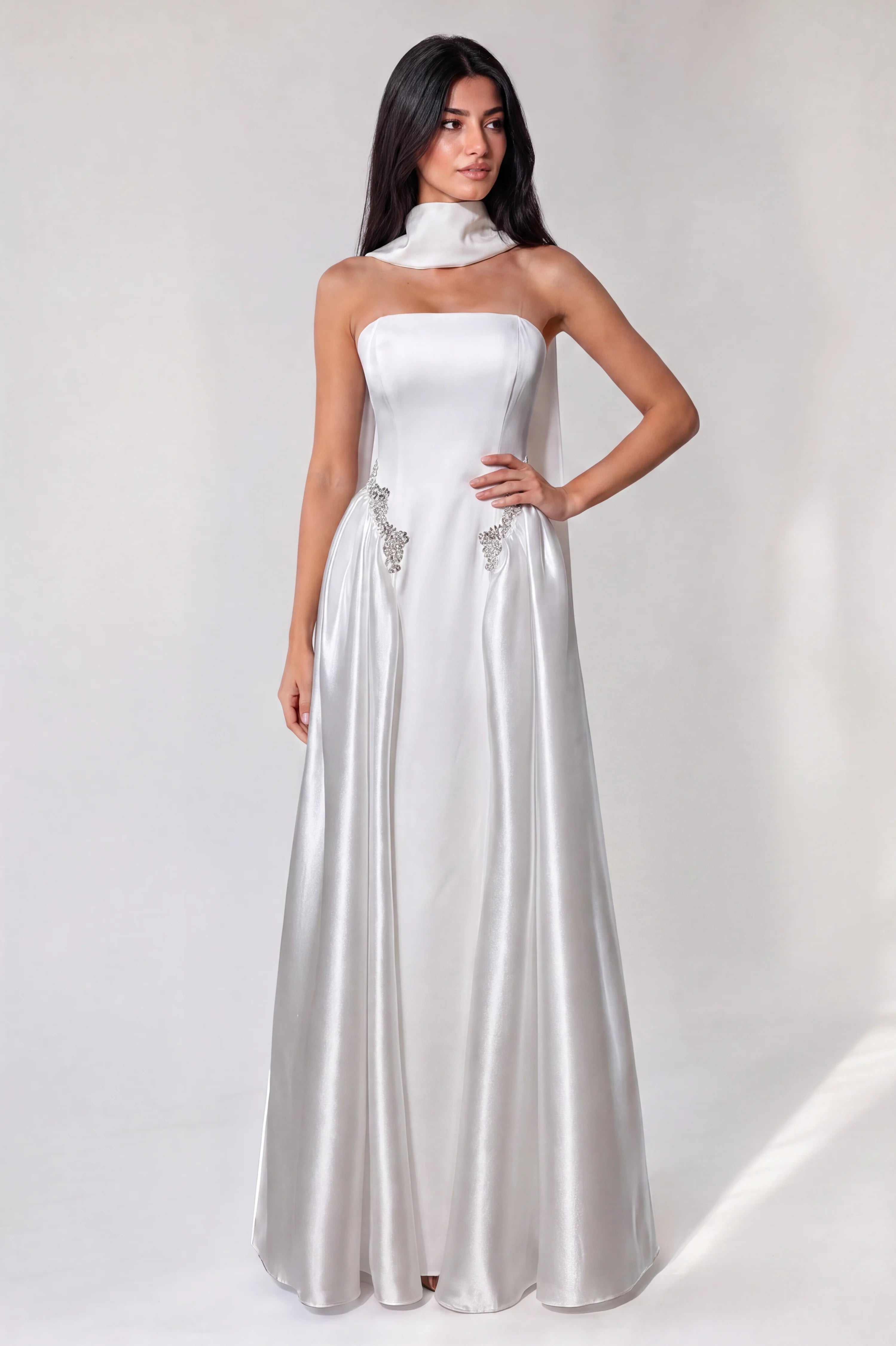 Strapless Crystal Waist Line Crepe Dress