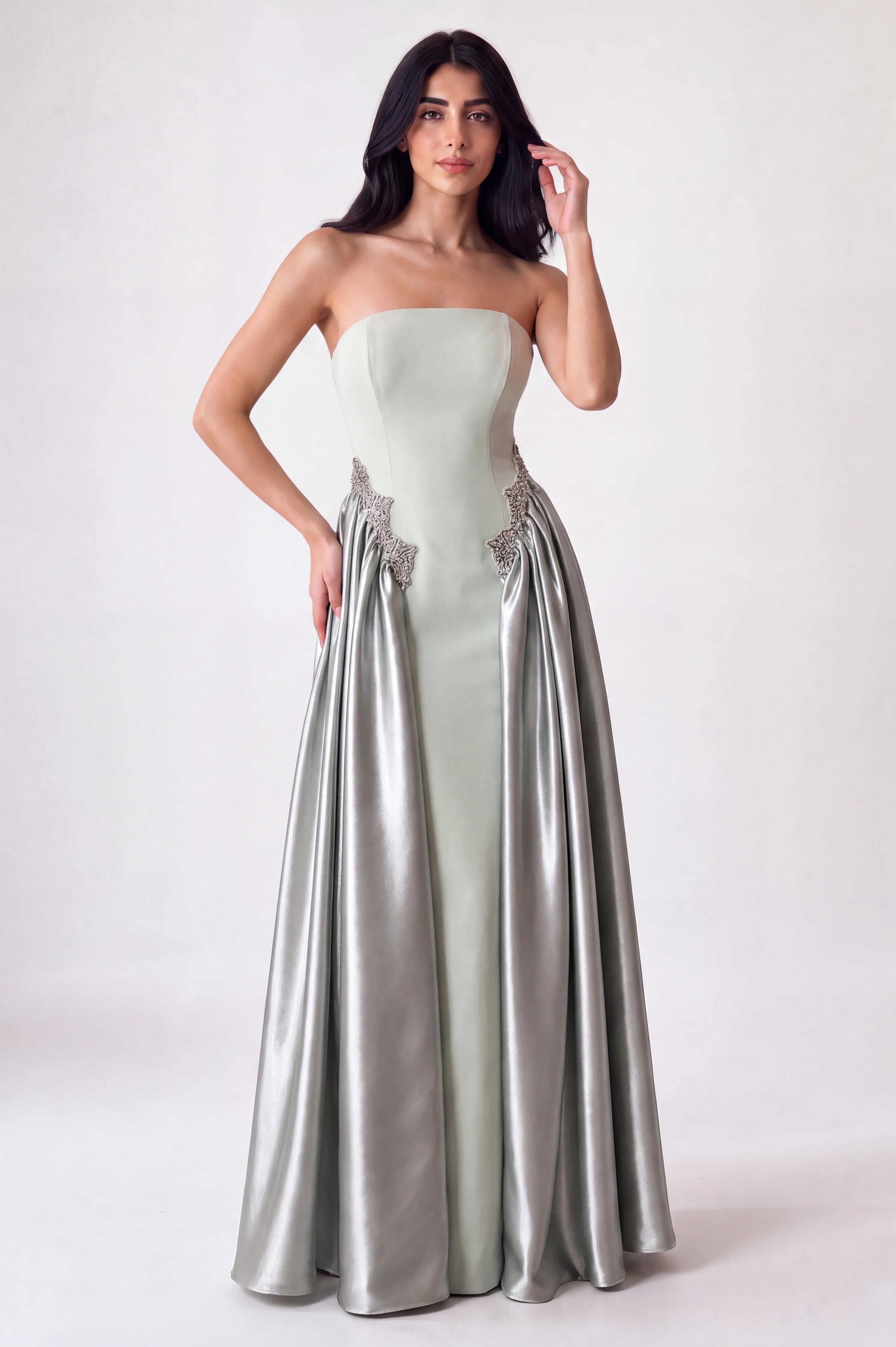 Strapless Crystal Waist Line Crepe Dress
