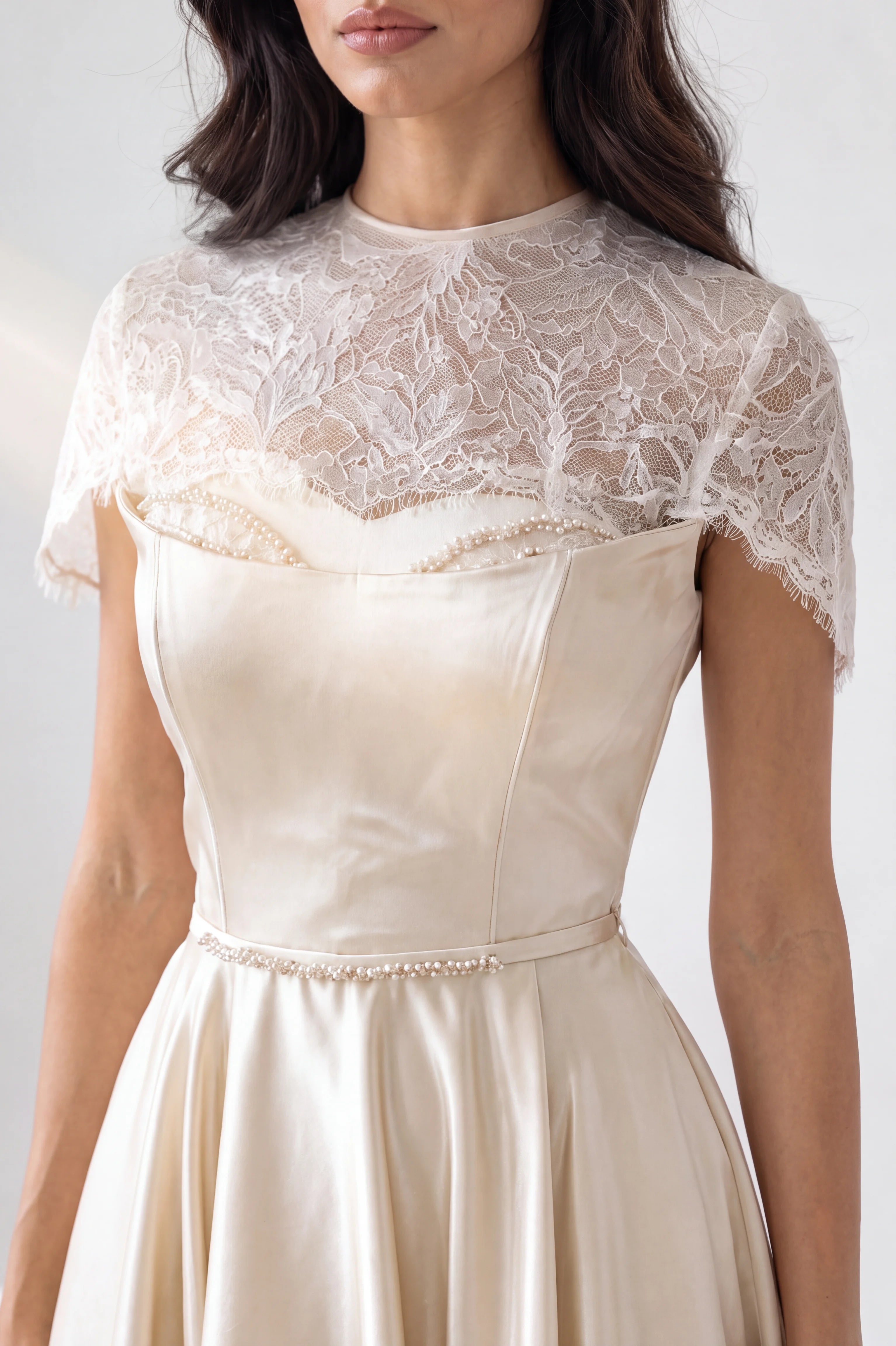 Beaded Sweetheart Lace Cape Sleeve Satin Dress