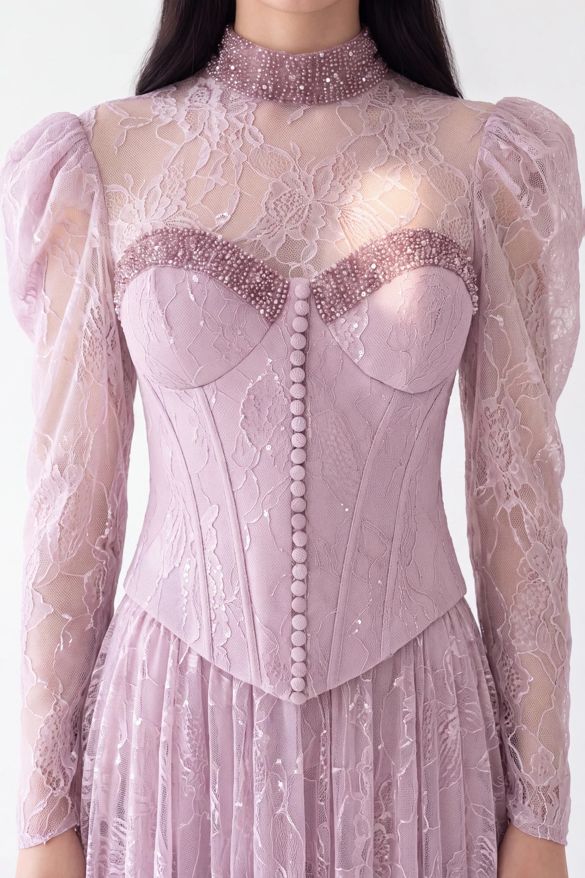 Beaded Bust Line Button Details Dantel Dress