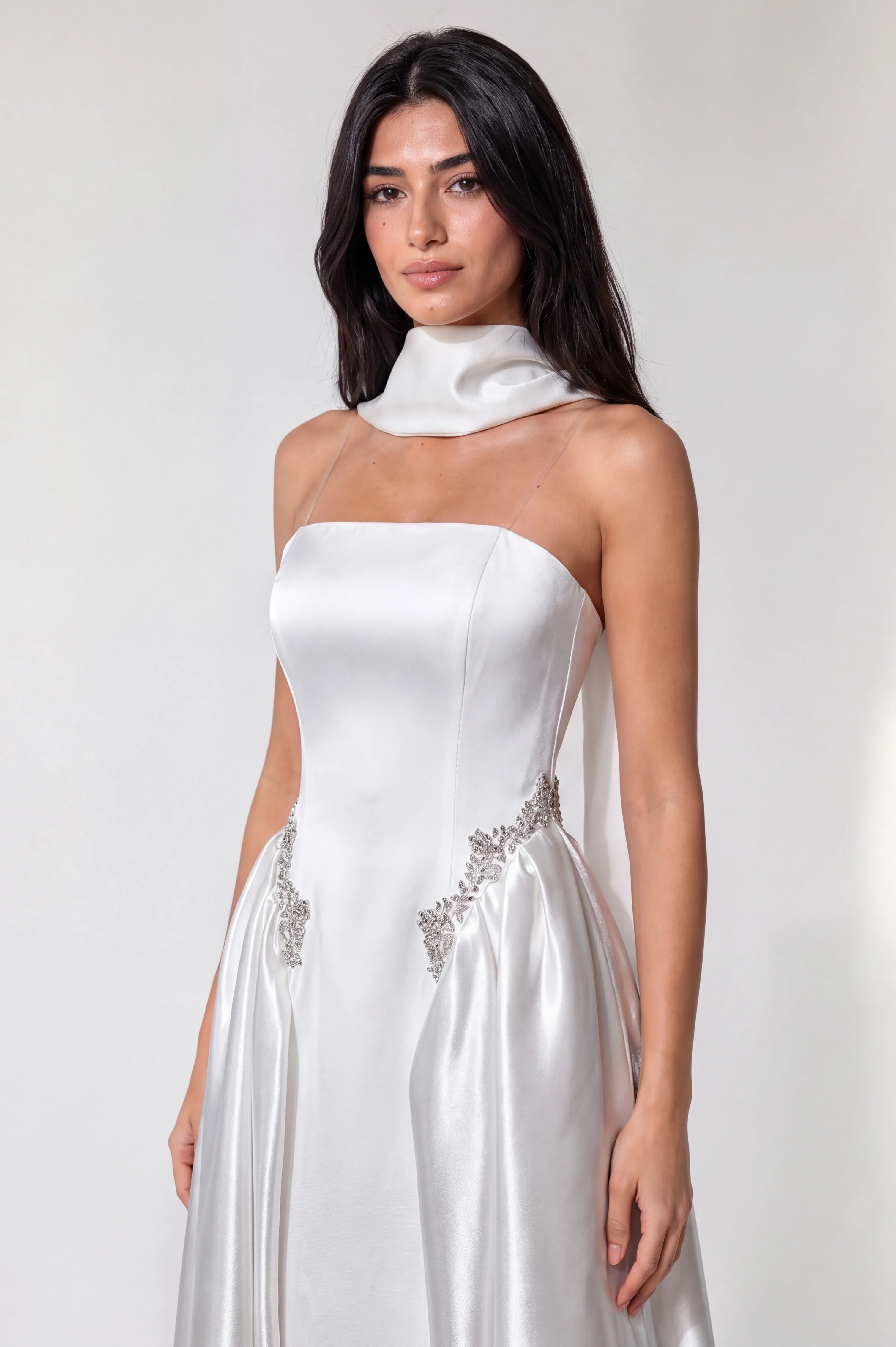Strapless Crystal Waist Line Crepe Dress
