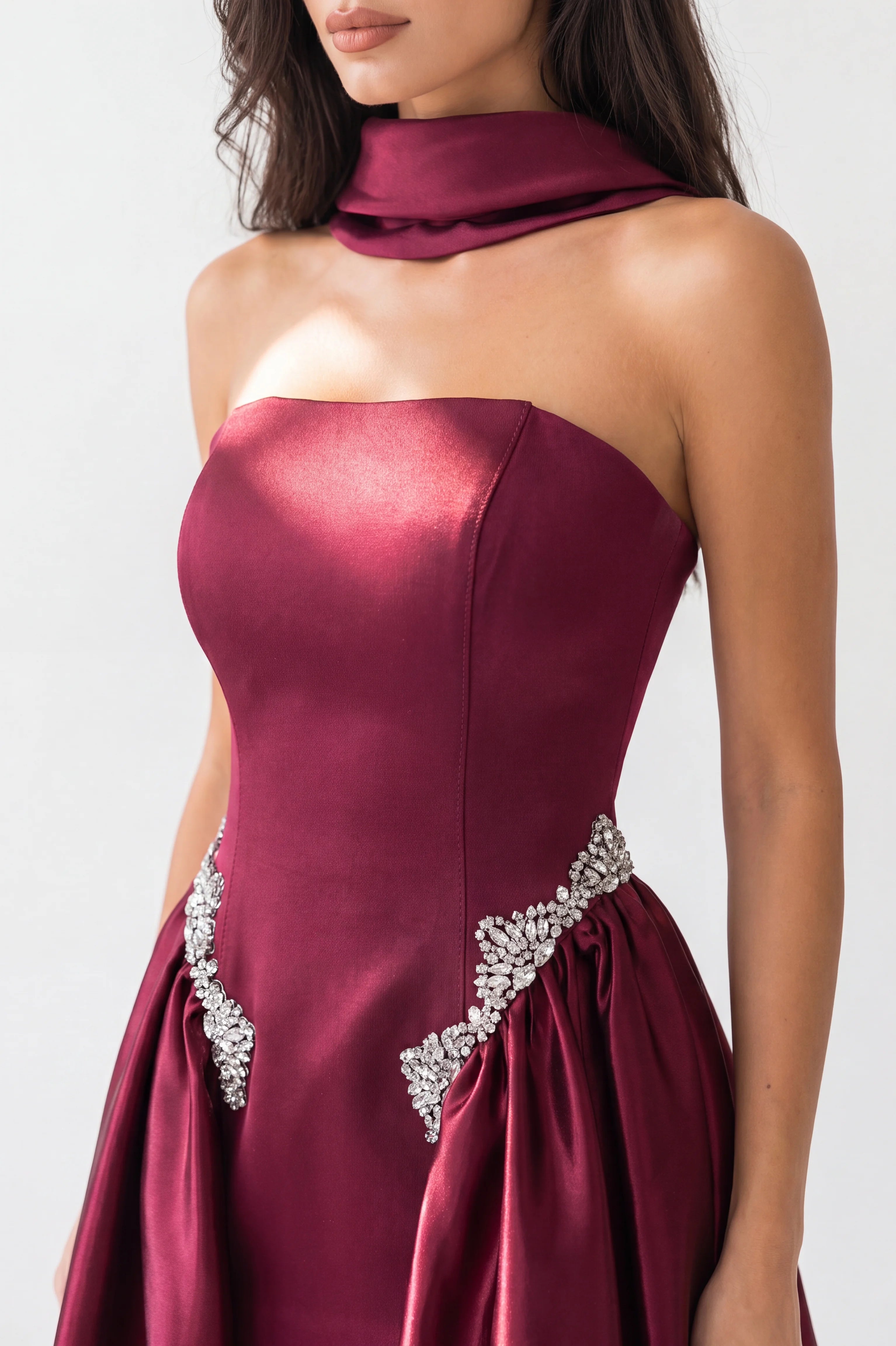 Strapless Crystal Waist Line Crepe Dress