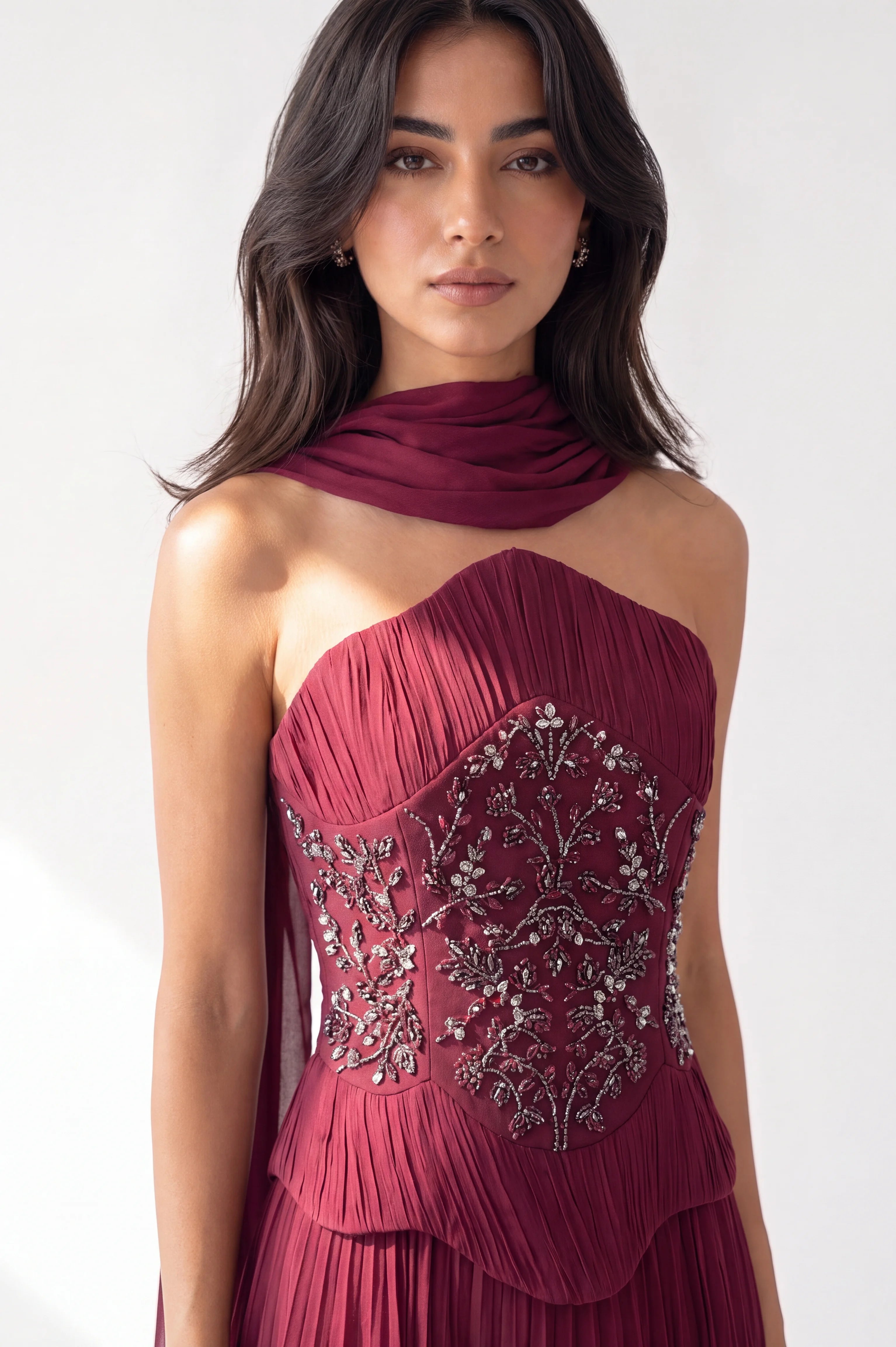 Embellished Corset Plisse Chiffon Dress