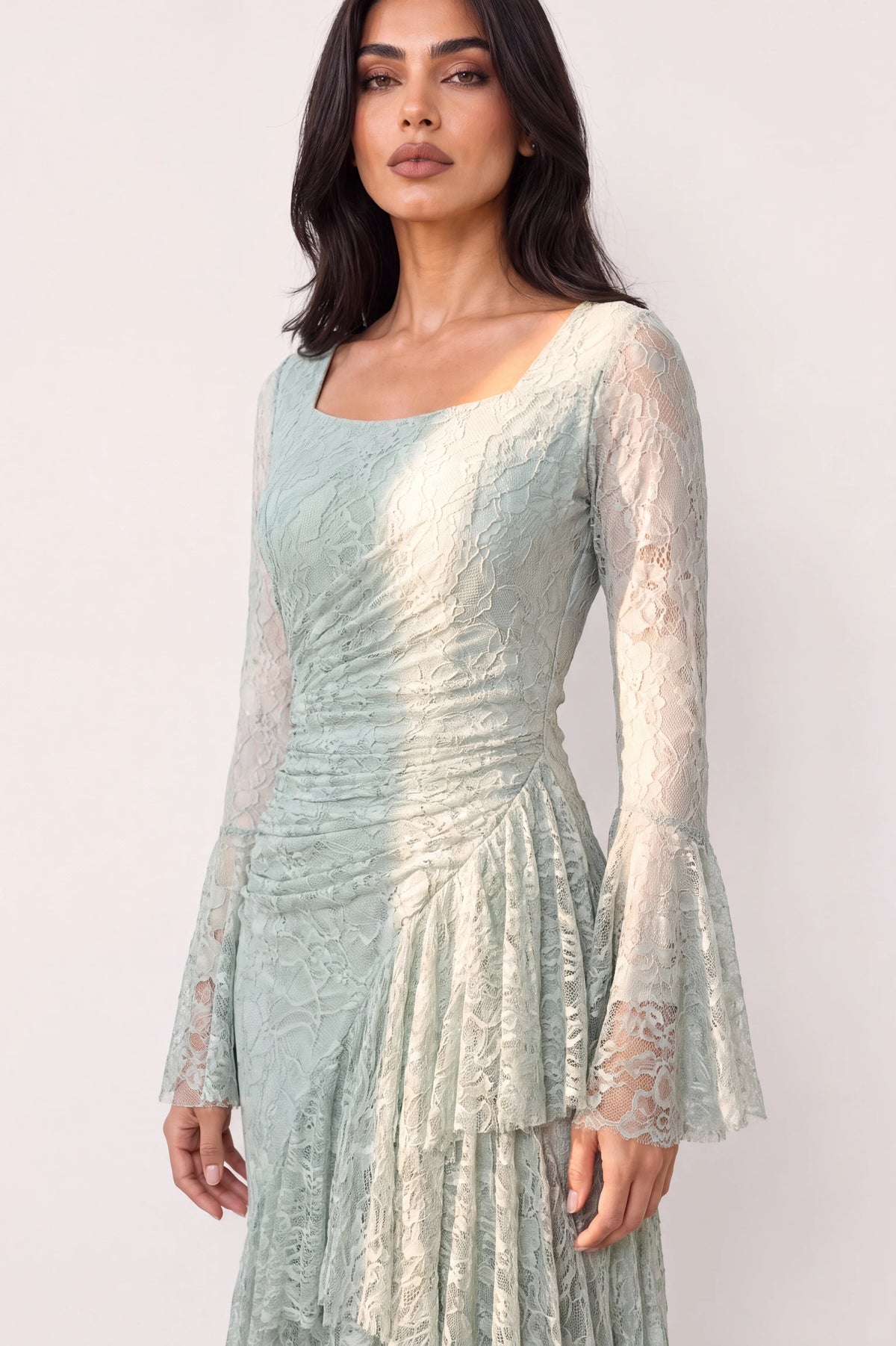 Square Neck Ruffle Detail Dantel Dress