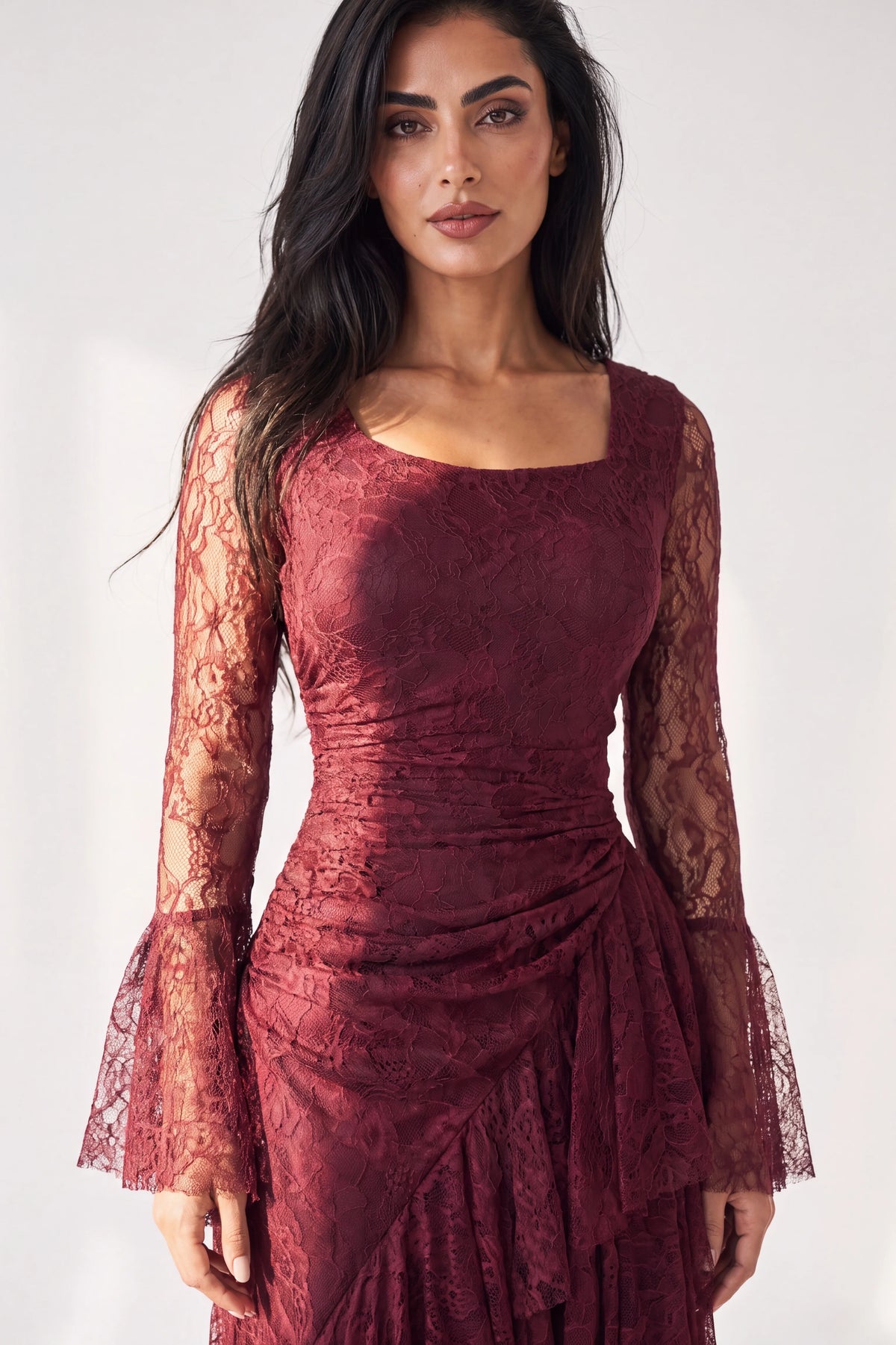 Square Neck Ruffle Detail Dantel Dress