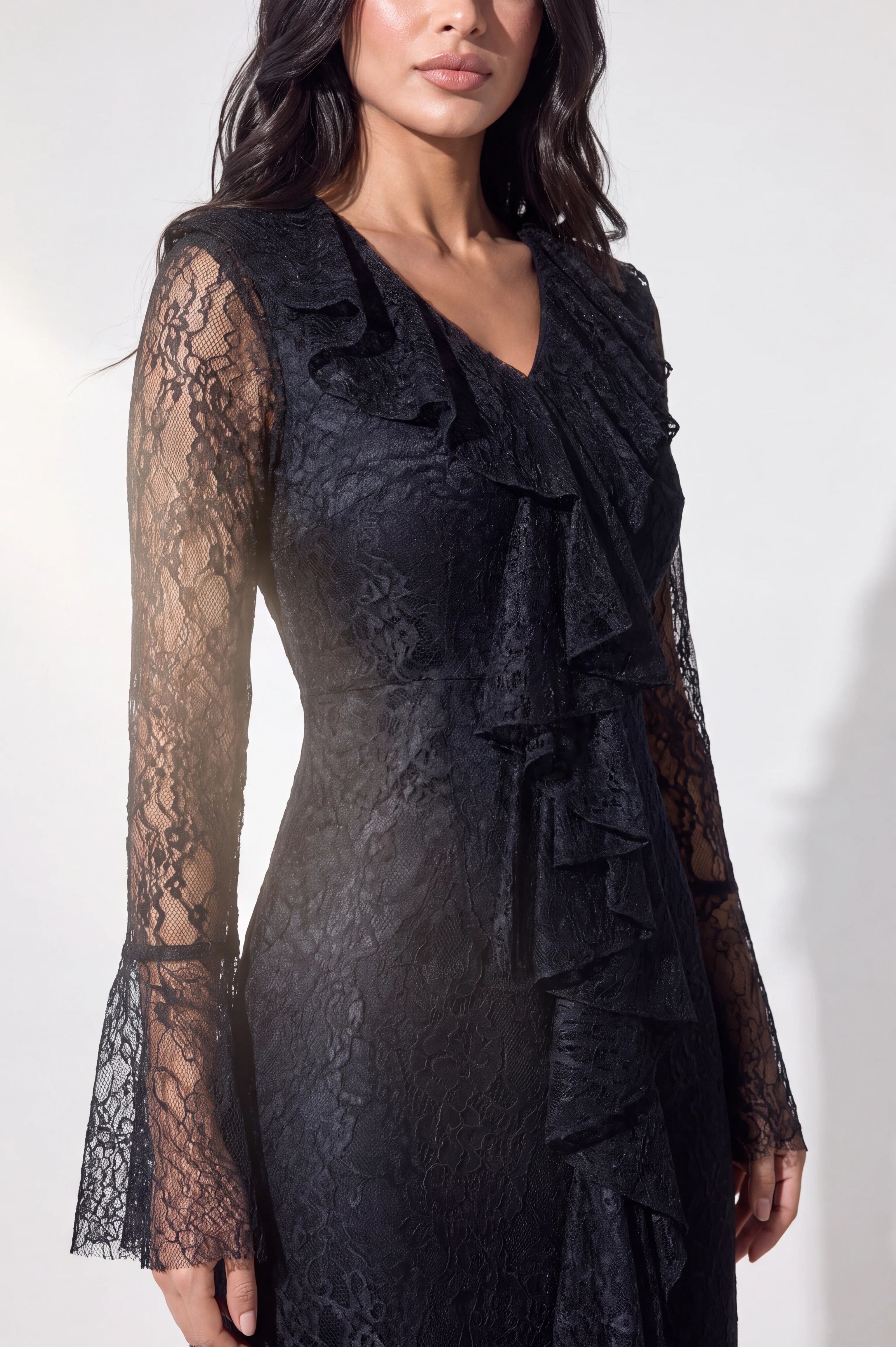 Neck Ruffle Along Dantel Dress