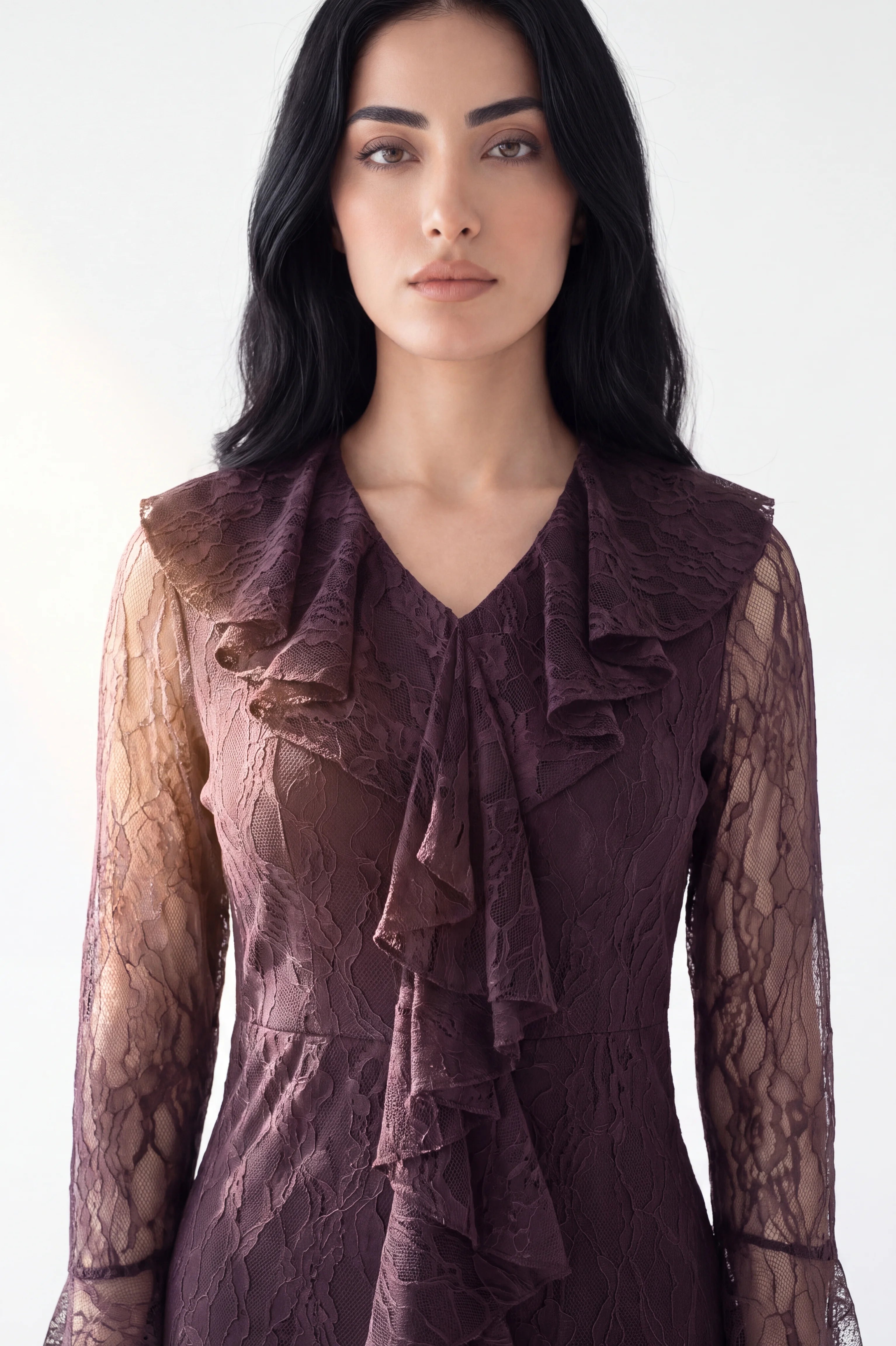 Neck Ruffle Along Dantel Dress