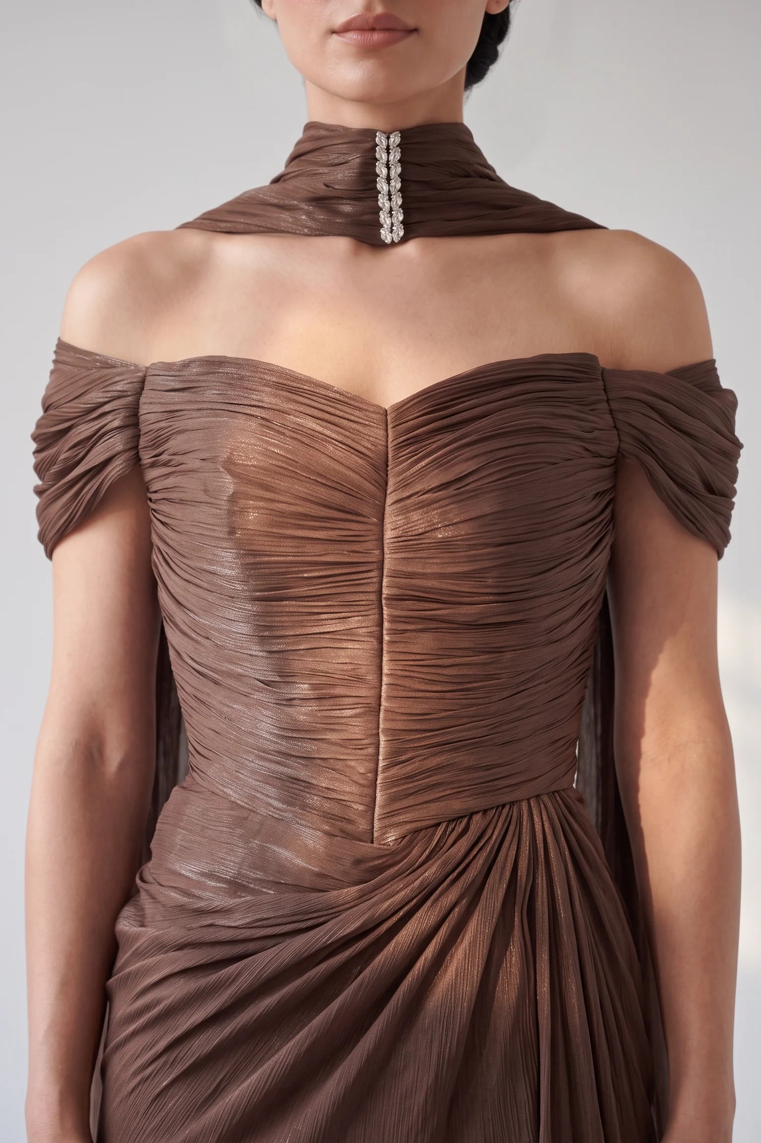 Draped Off Shoulder Gathered Organza Dress