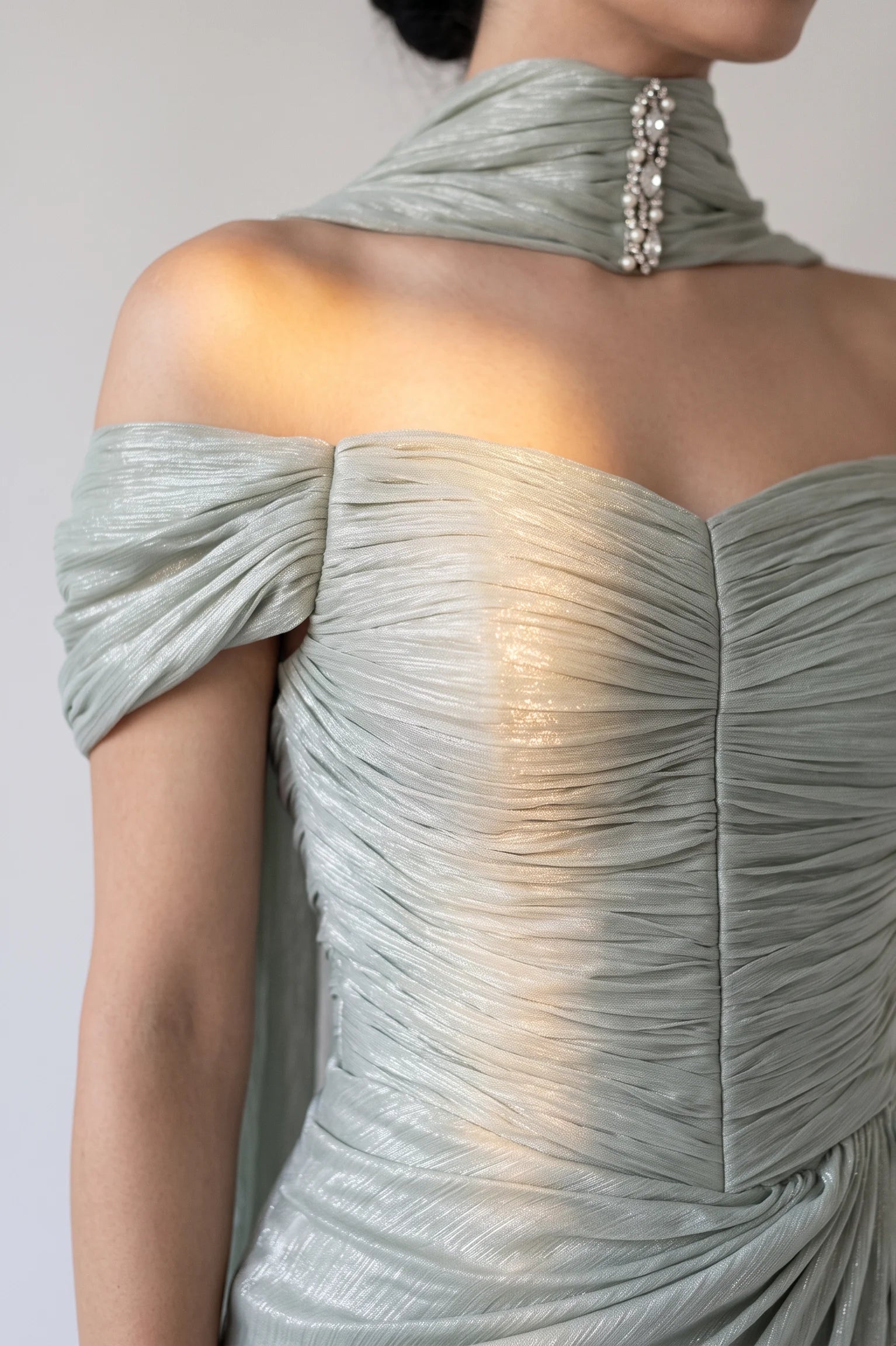 Draped Off Shoulder Gathered Organza Dress