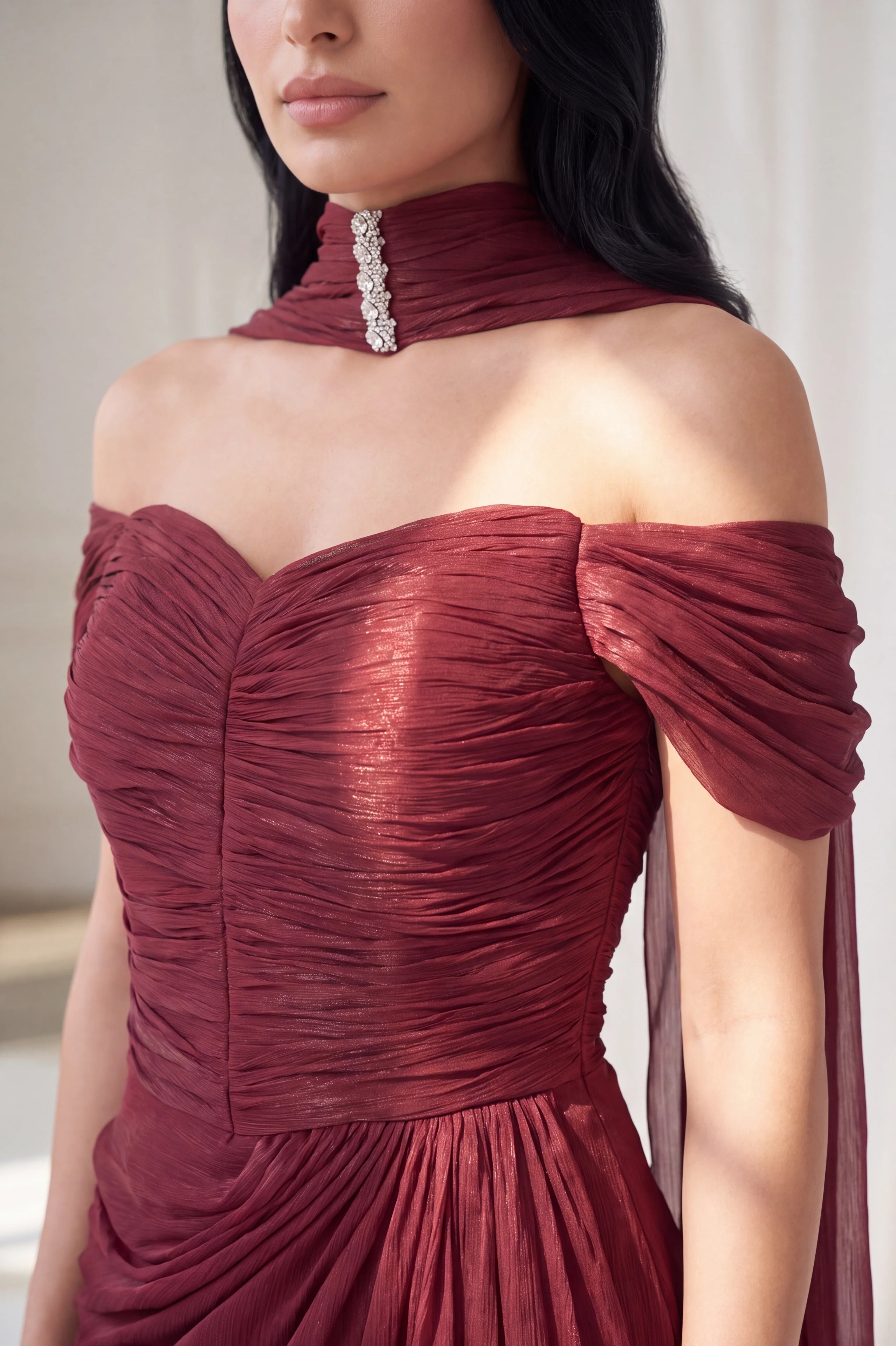 Draped Off Shoulder Gathered Organza Dress