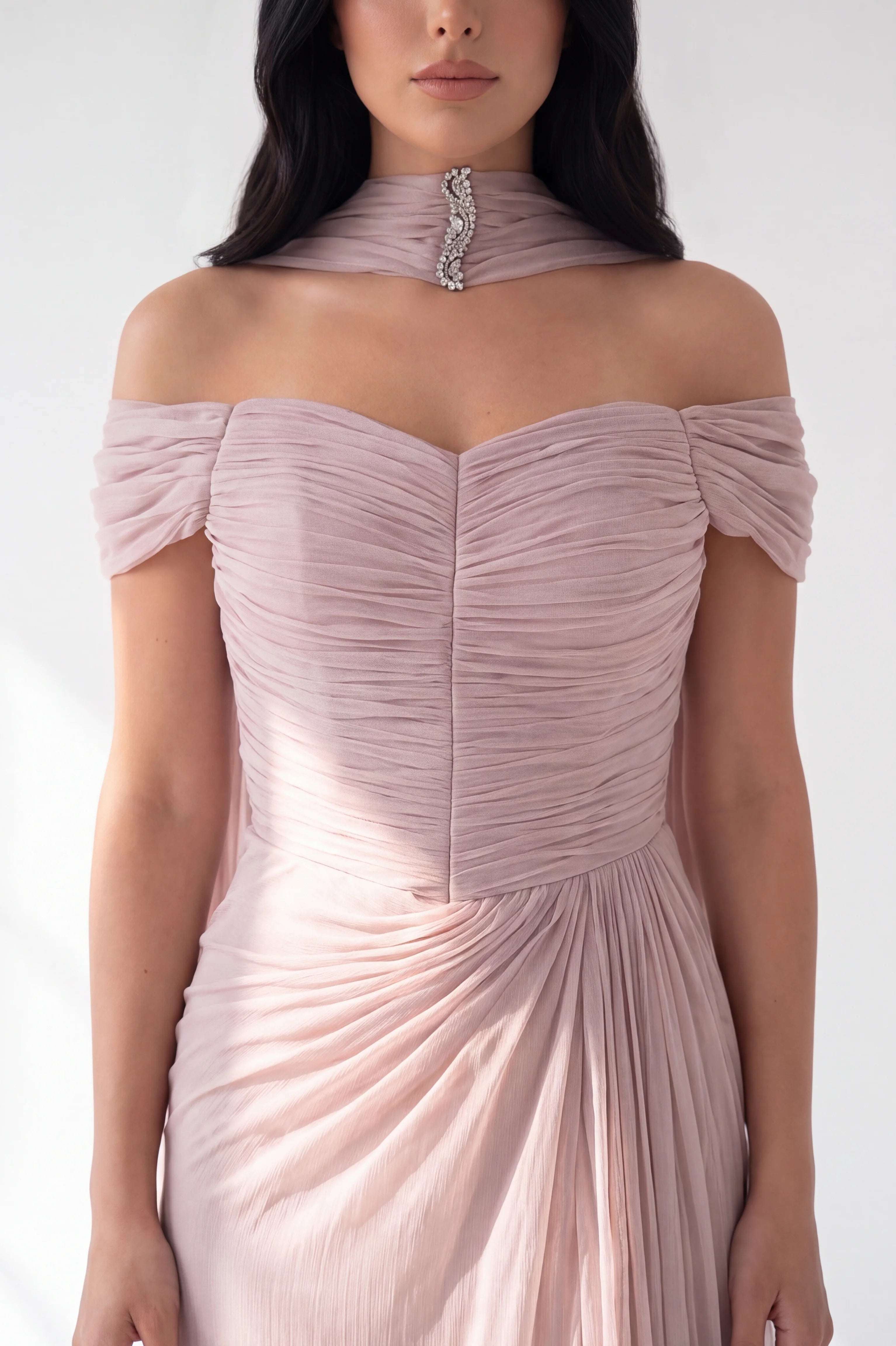Draped Off Shoulder Gathered Organza Dress