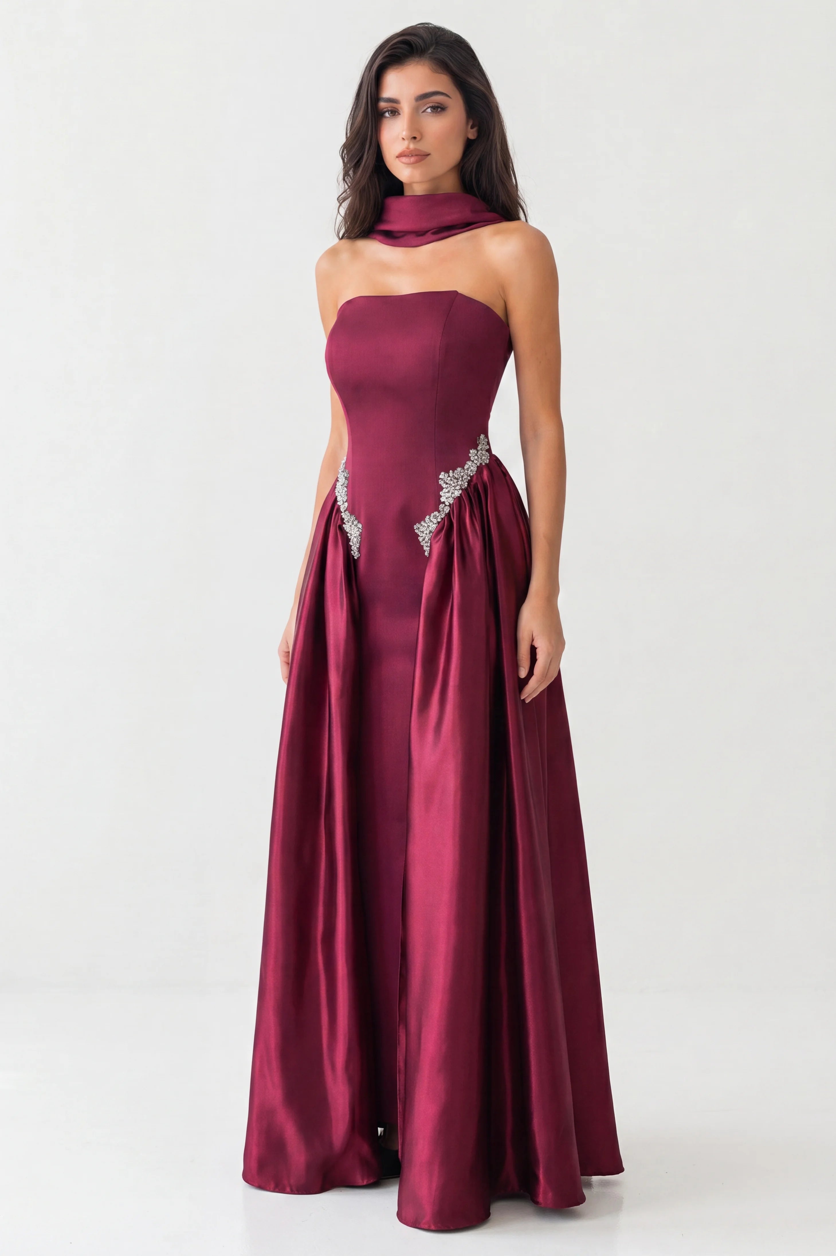 Strapless Crystal Waist Line Crepe Dress