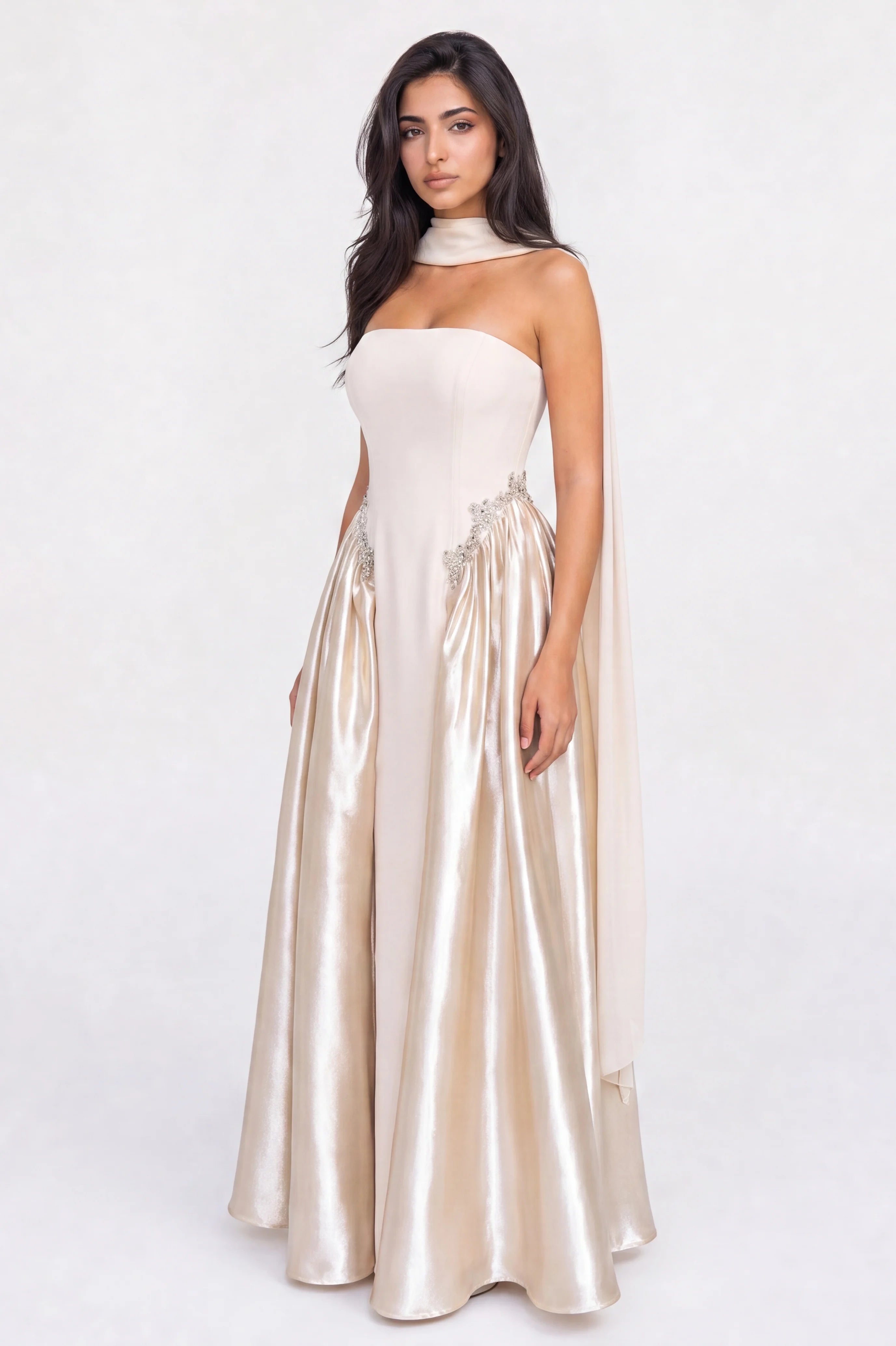 Strapless Crystal Waist Line Crepe Dress