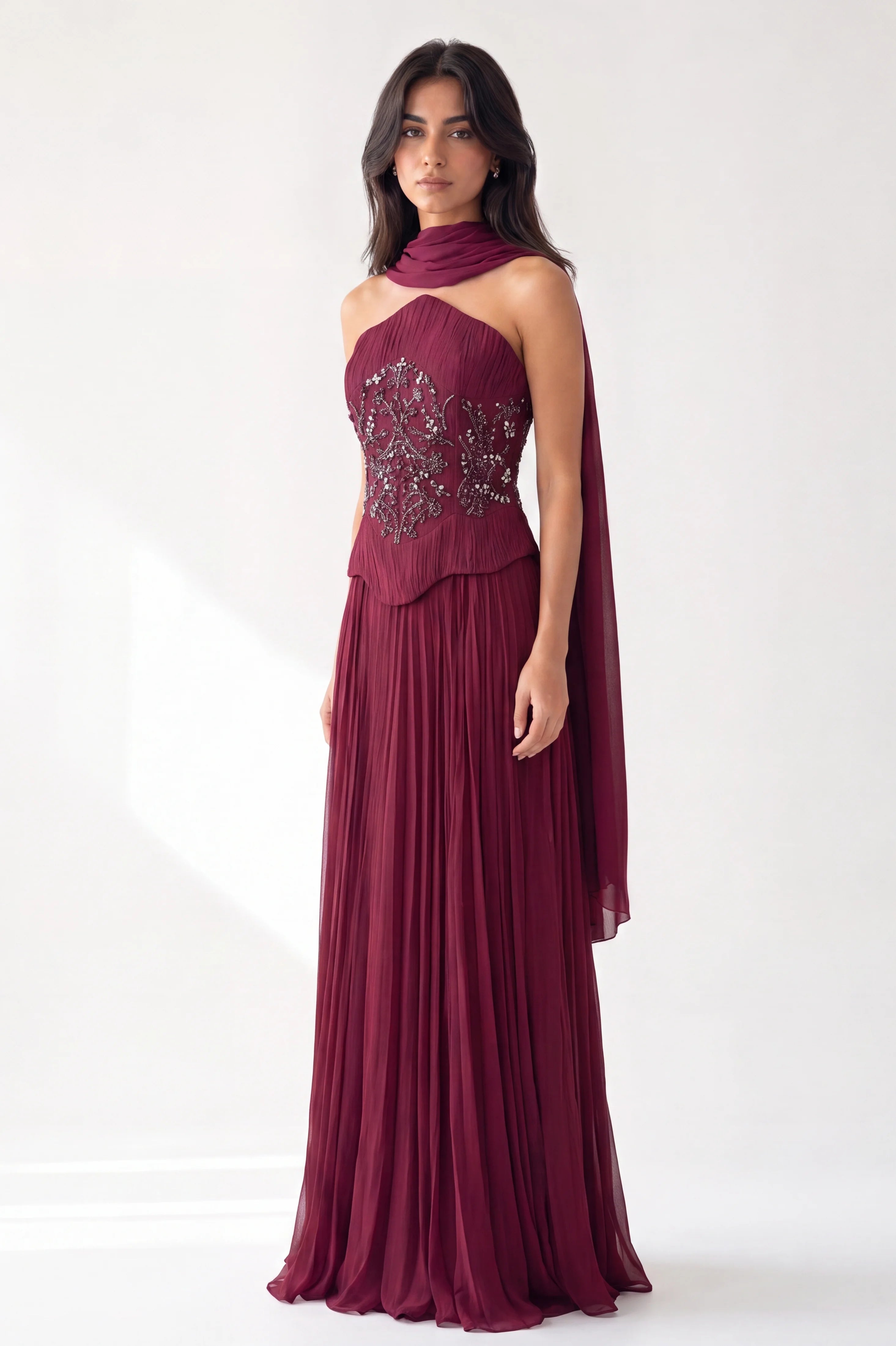 Embellished Corset Plisse Chiffon Dress