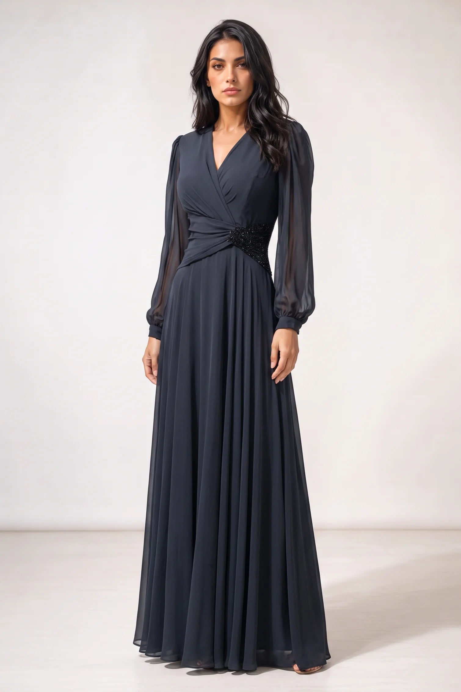 Beaded Waist Chiffon Dress