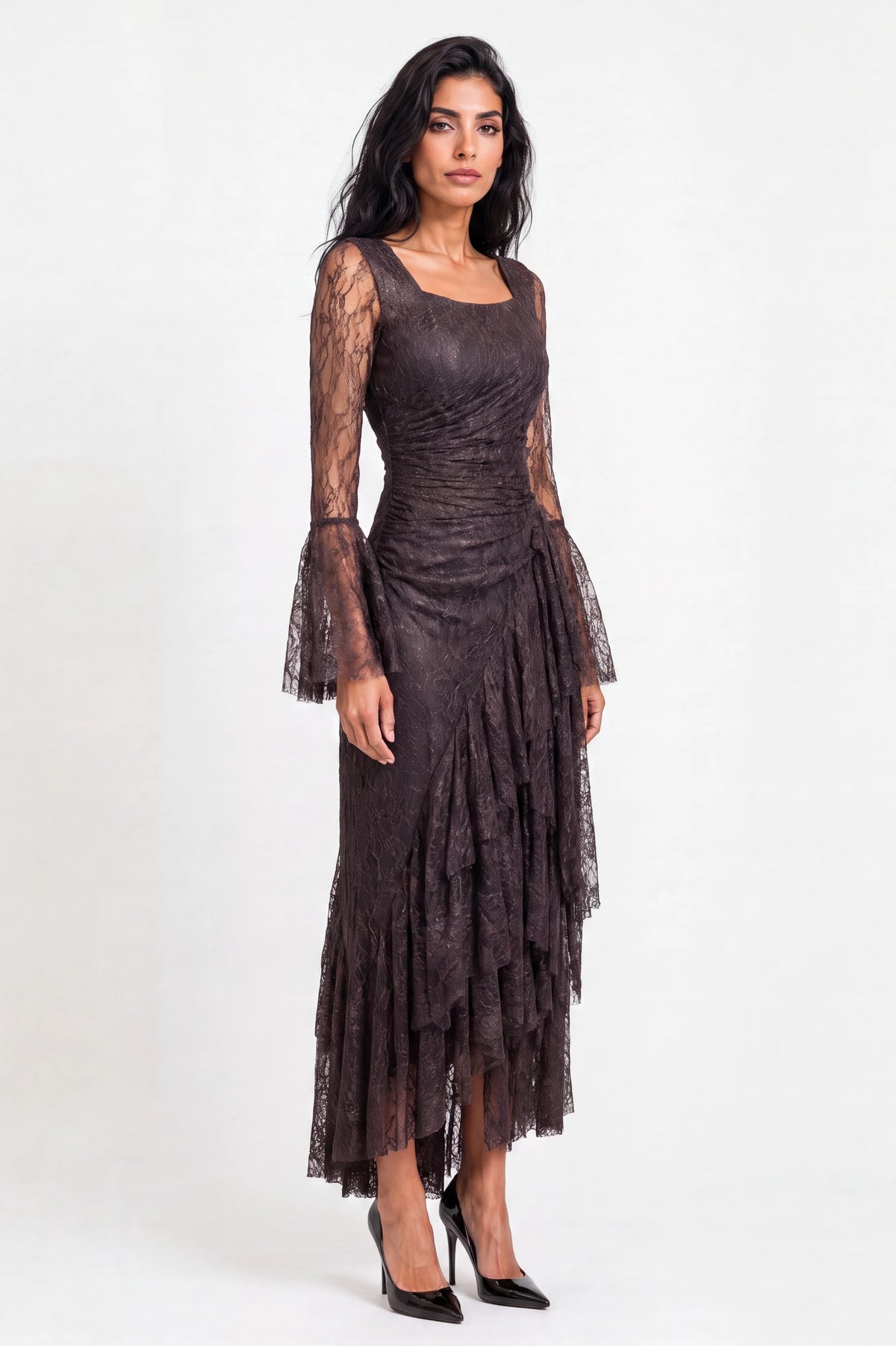 Square Neck Ruffle Detail Dantel Dress