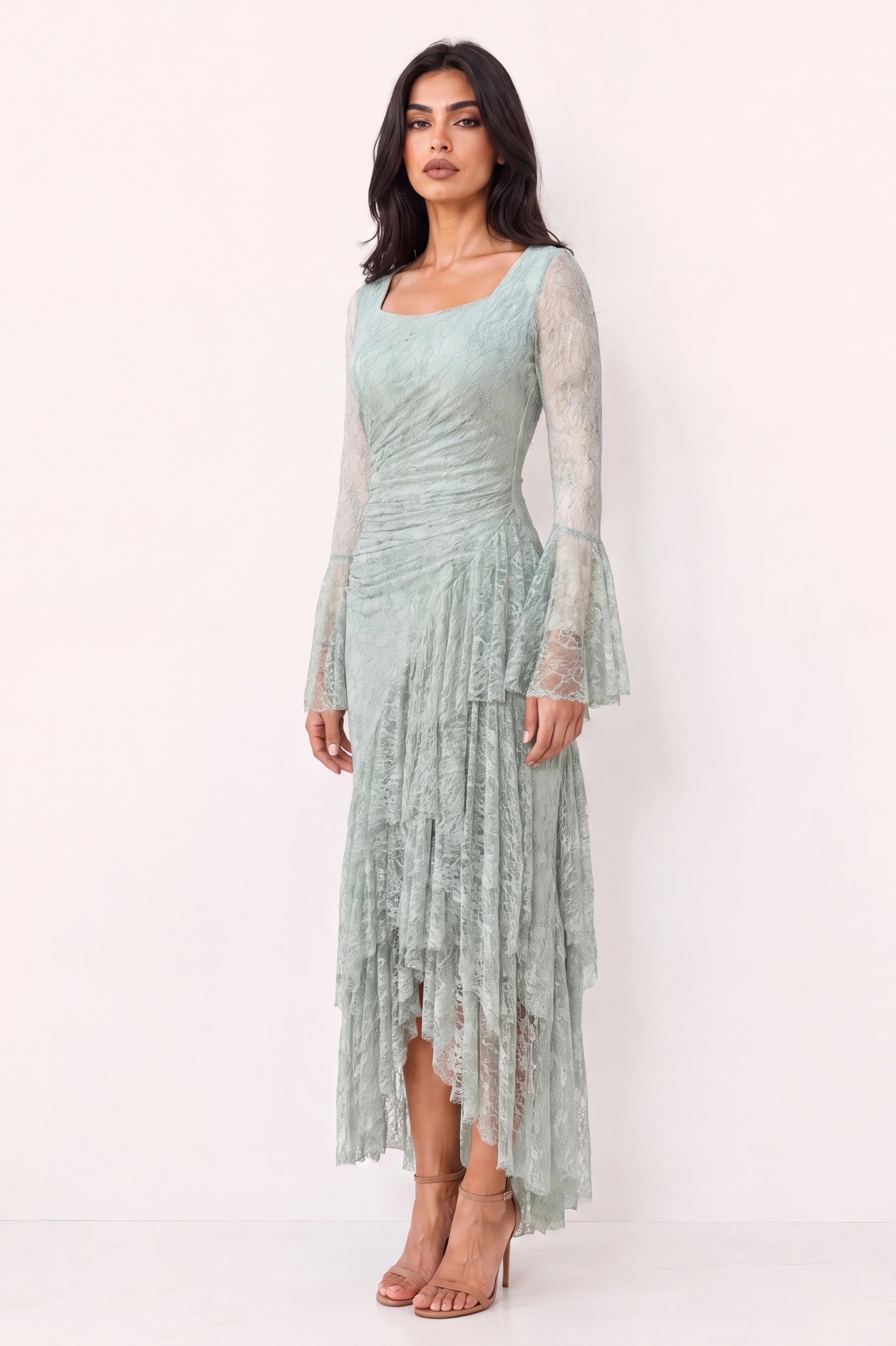 Square Neck Ruffle Detail Dantel Dress