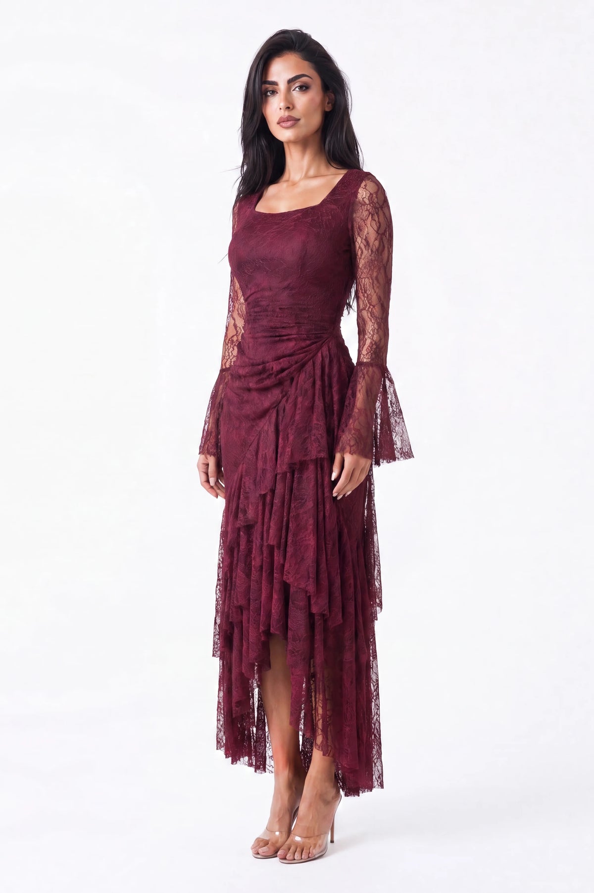 Square Neck Ruffle Detail Dantel Dress
